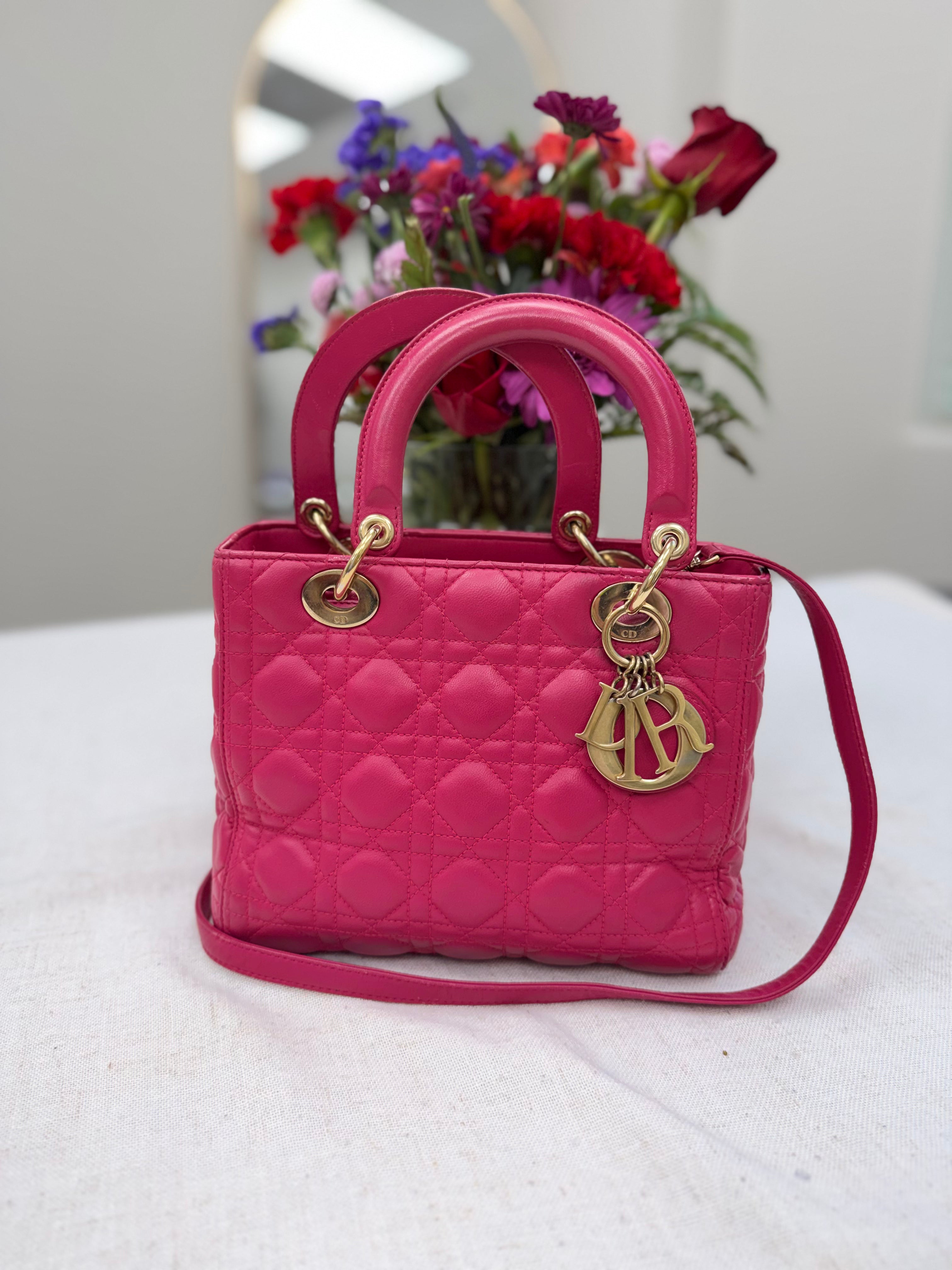Christian Dior Pink Leather Medium Lady Dior Tote