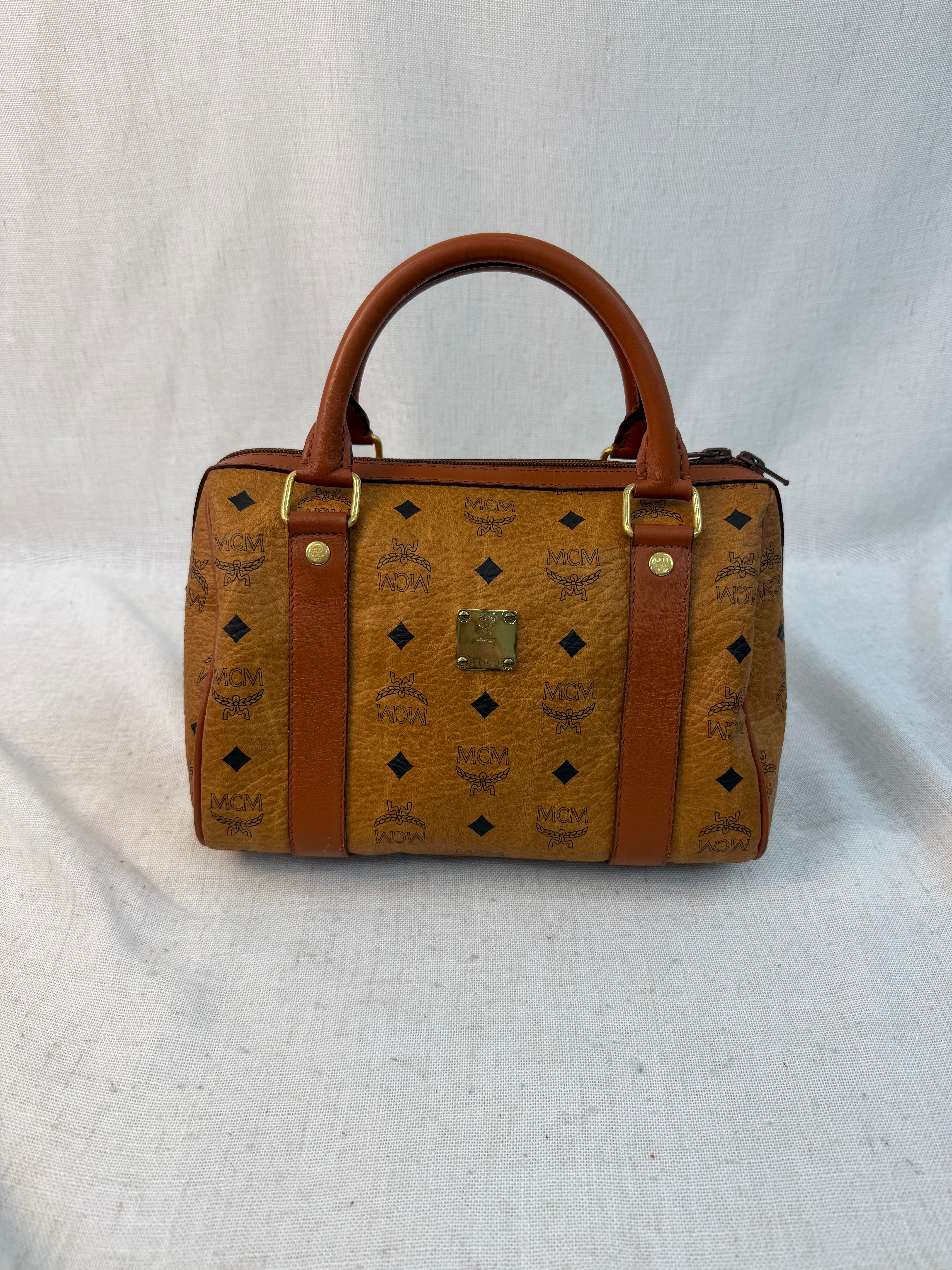MCM Brown Coated Canvas Visetos Boston Bag