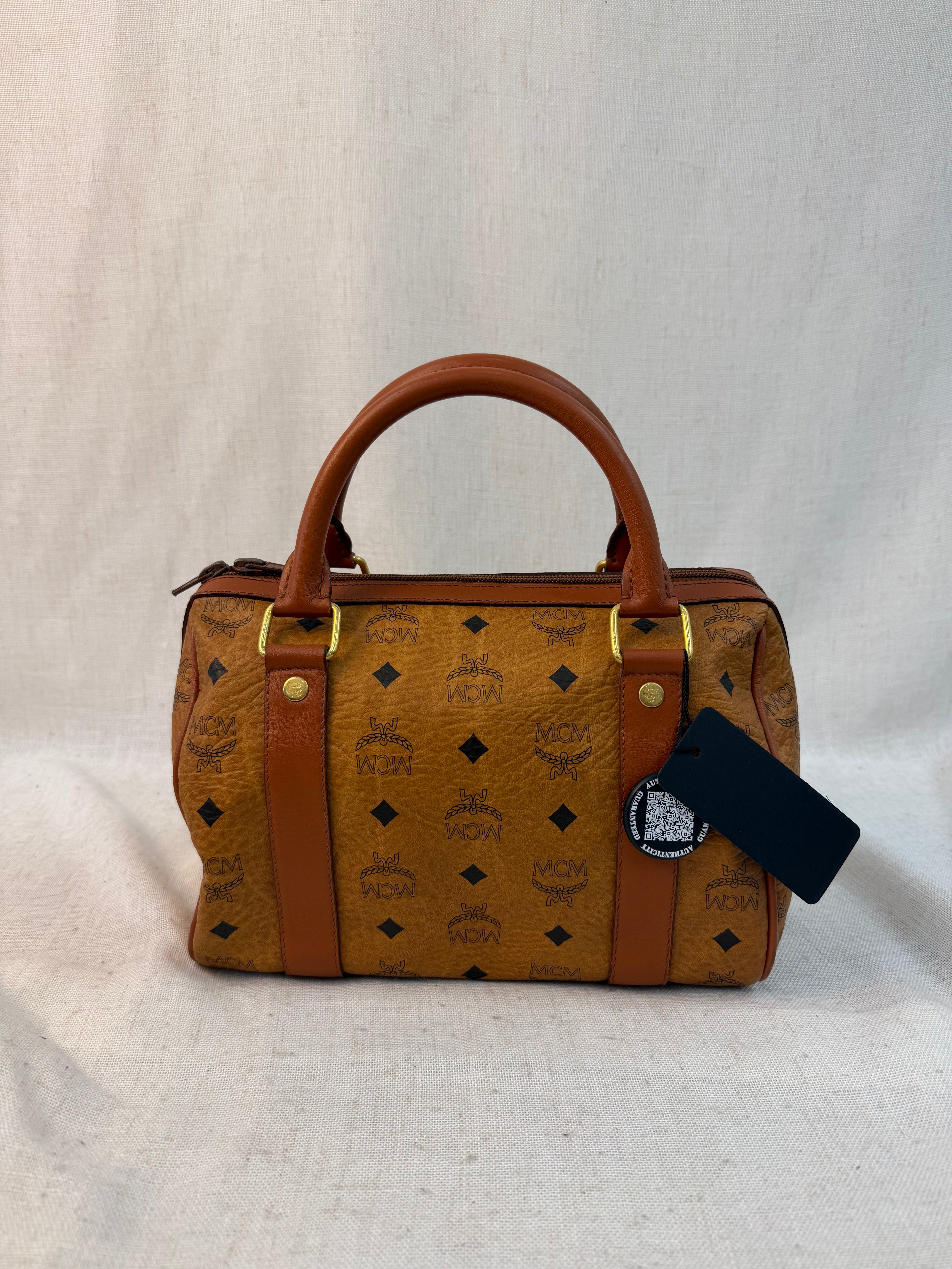 MCM Brown Coated Canvas Visetos Boston Bag