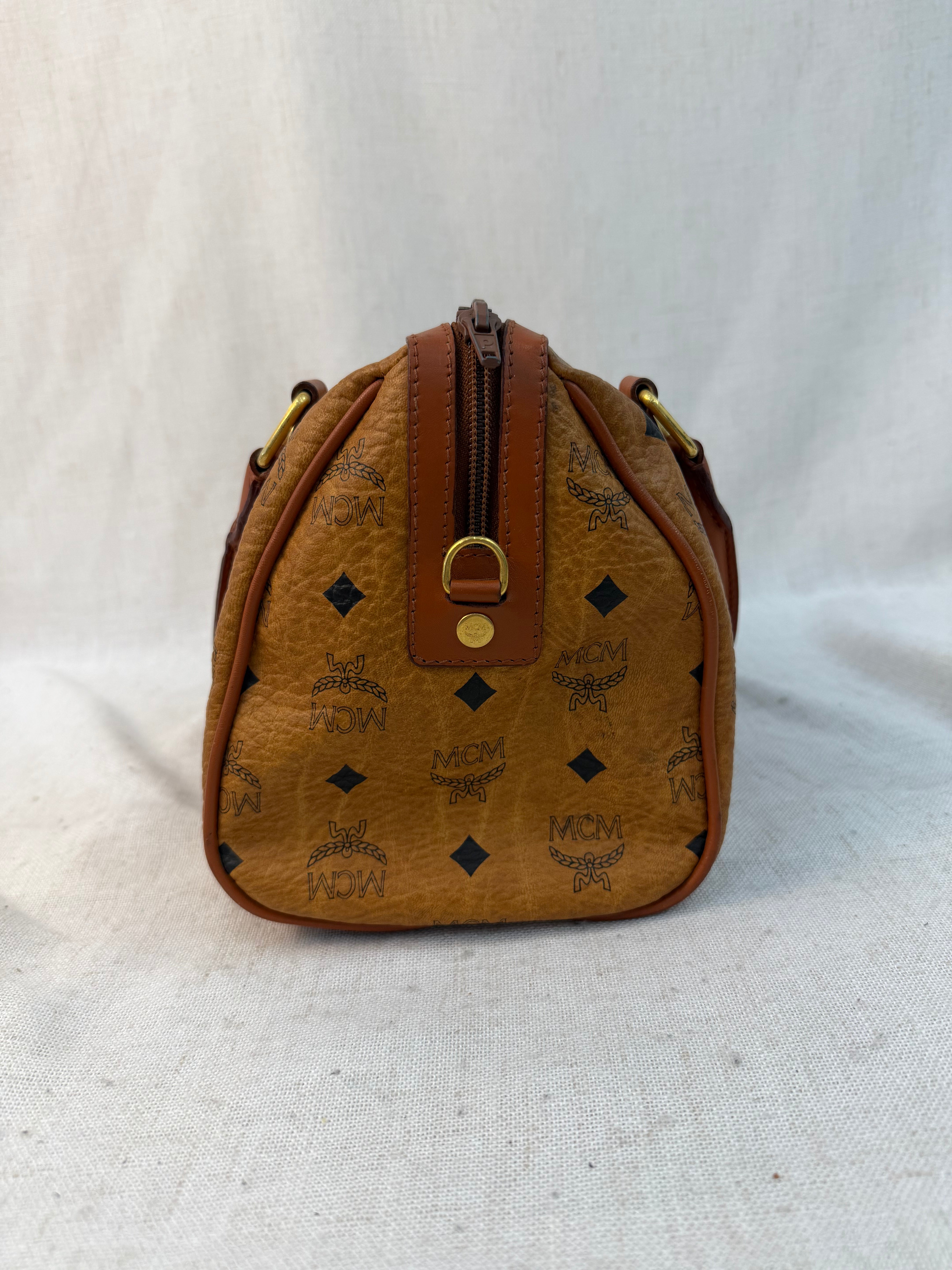 MCM Brown Coated Canvas Visetos Boston Bag