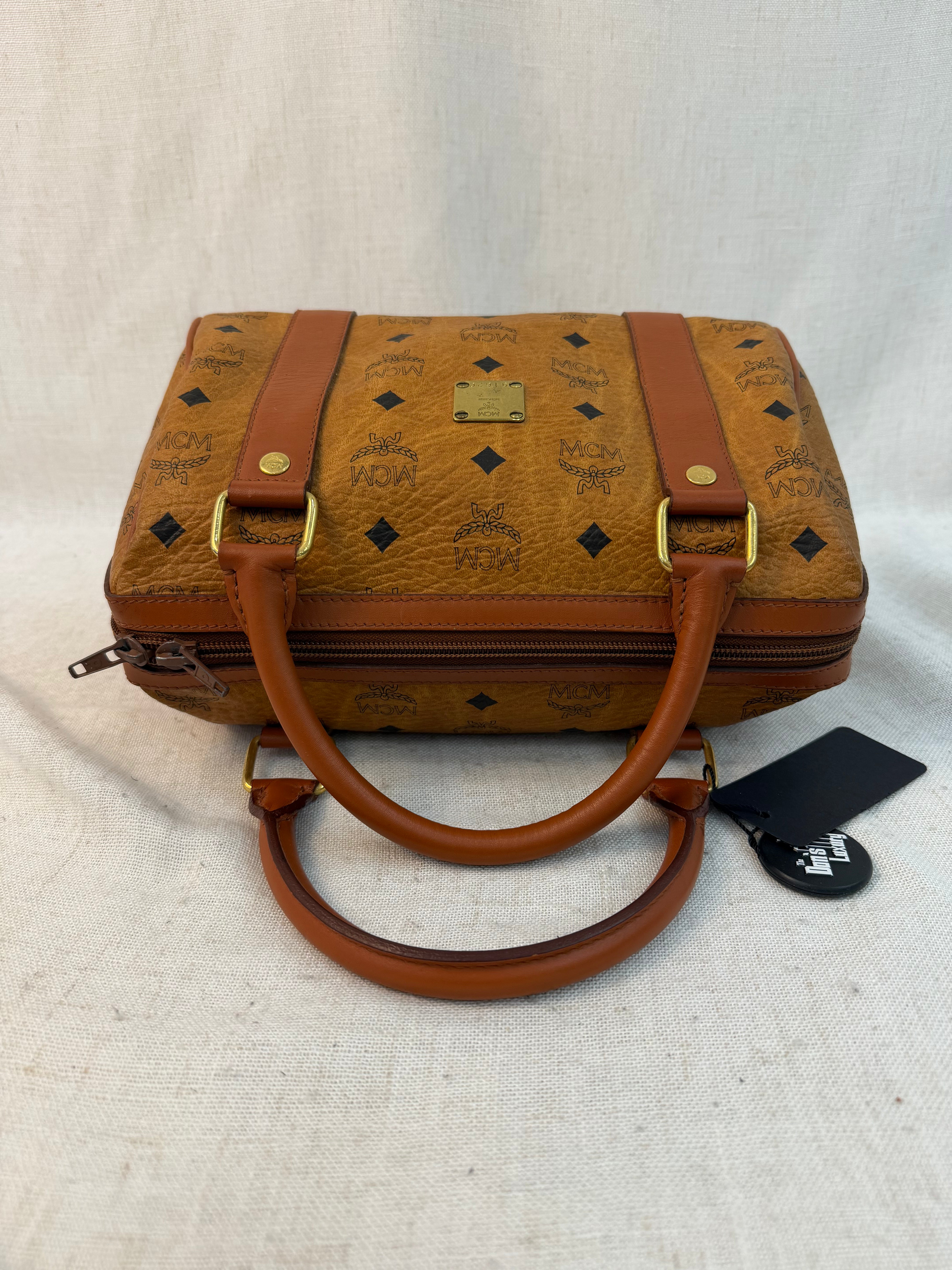 MCM Brown Coated Canvas Visetos Boston Bag