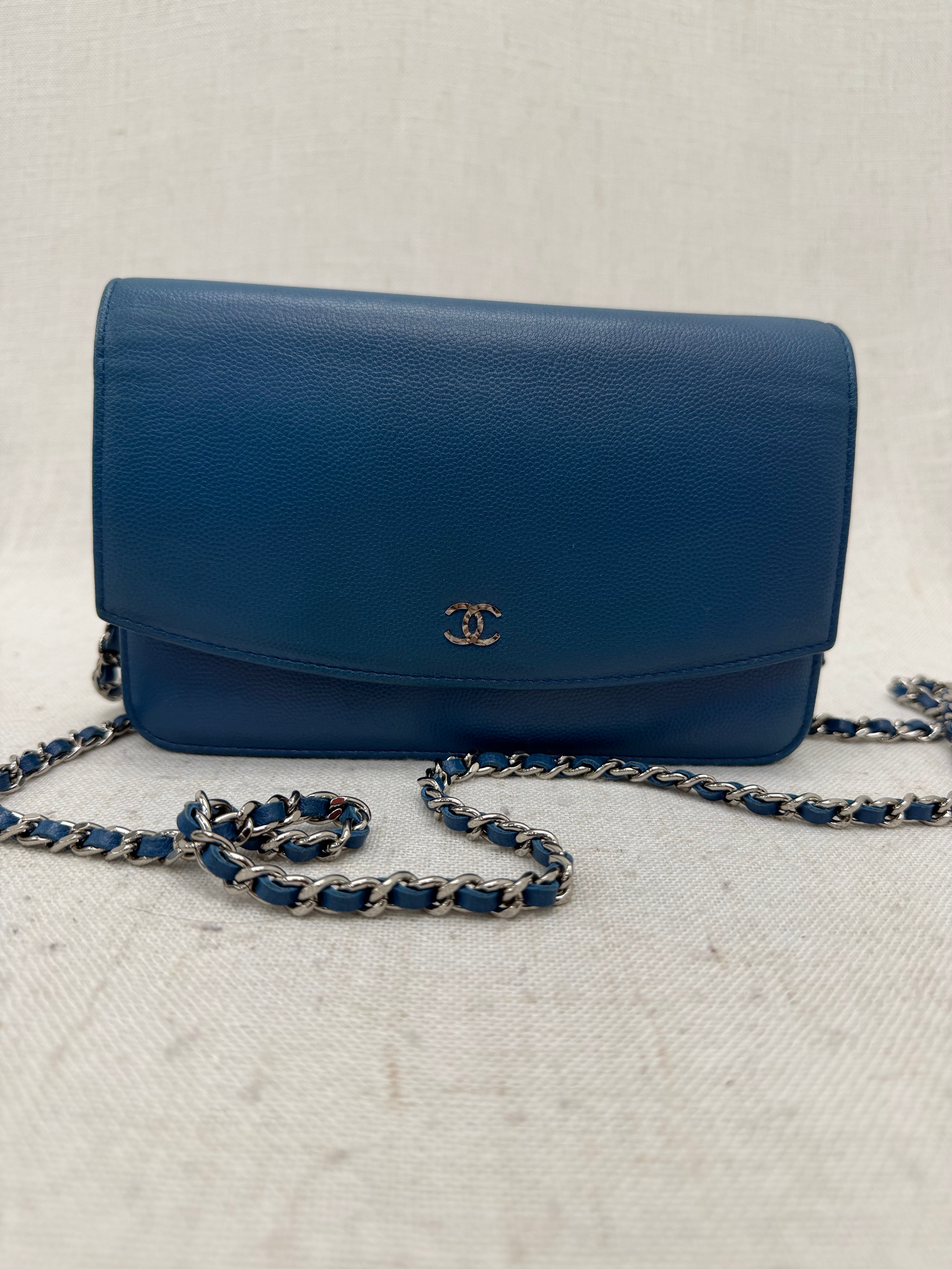 Chanel Blue Caviar Leather Wallet on a Chain