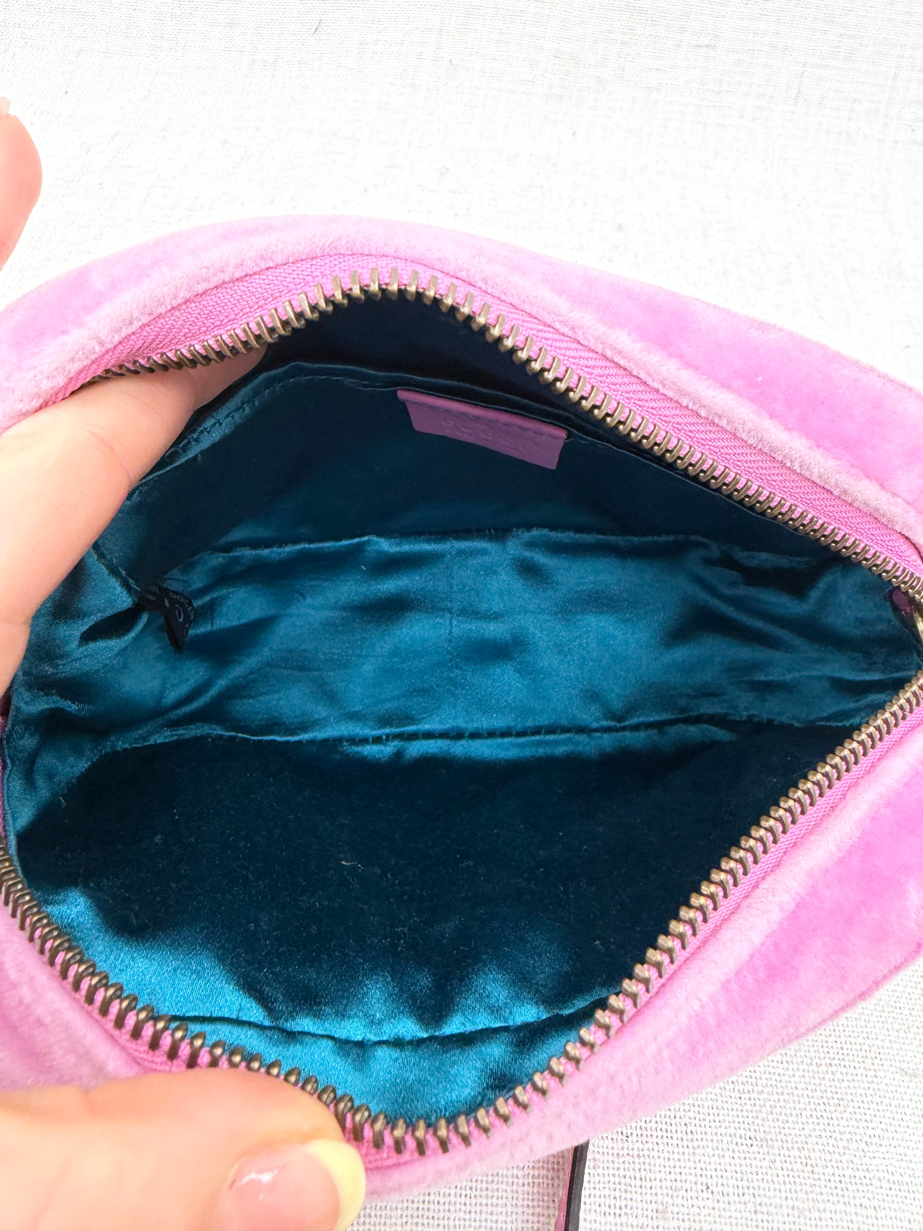 Gucci Pink Velvet GG Crystal Mini Marmont Camera Bag