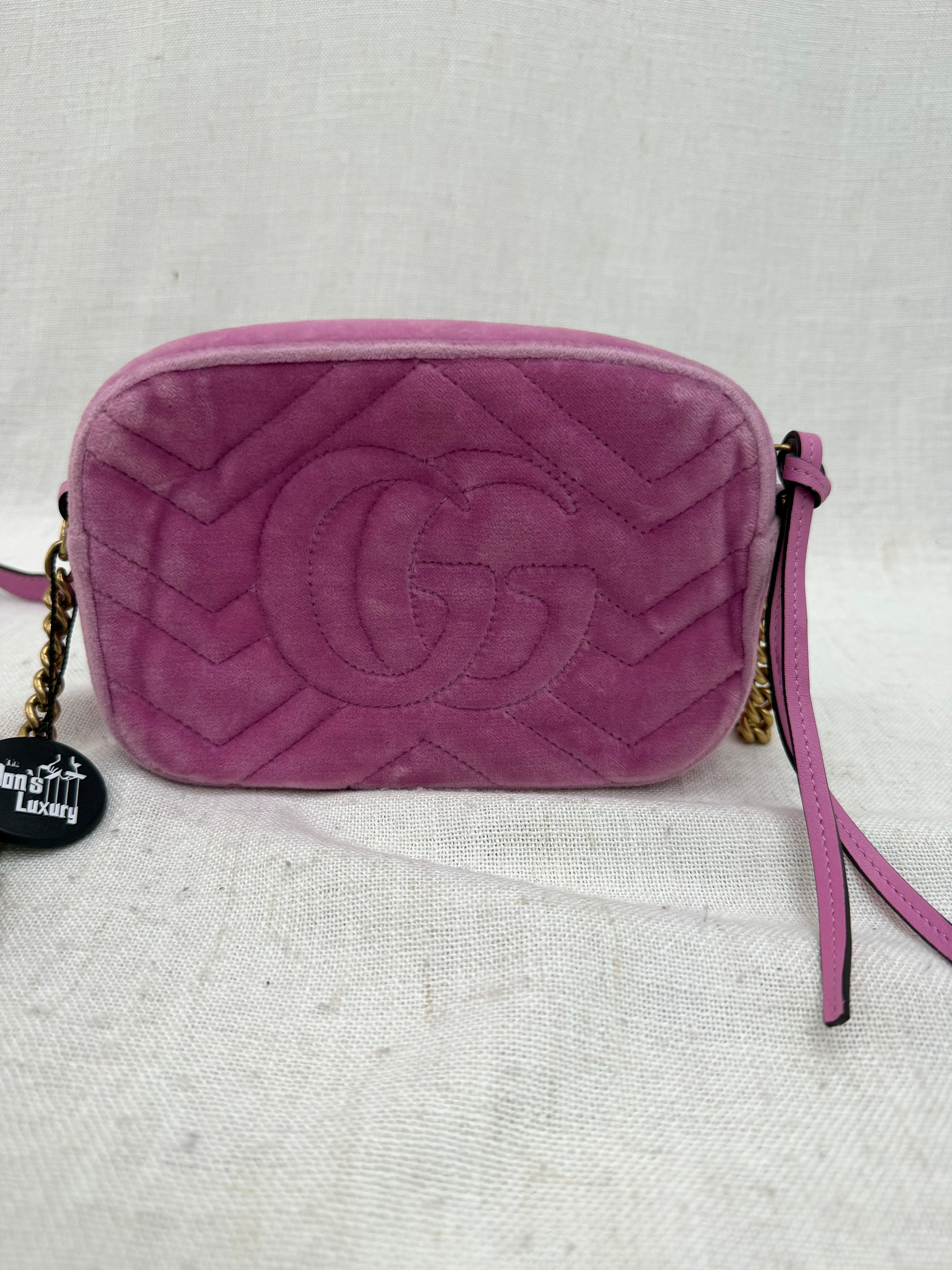 Gucci Pink Velvet GG Crystal Mini Marmont Camera Bag