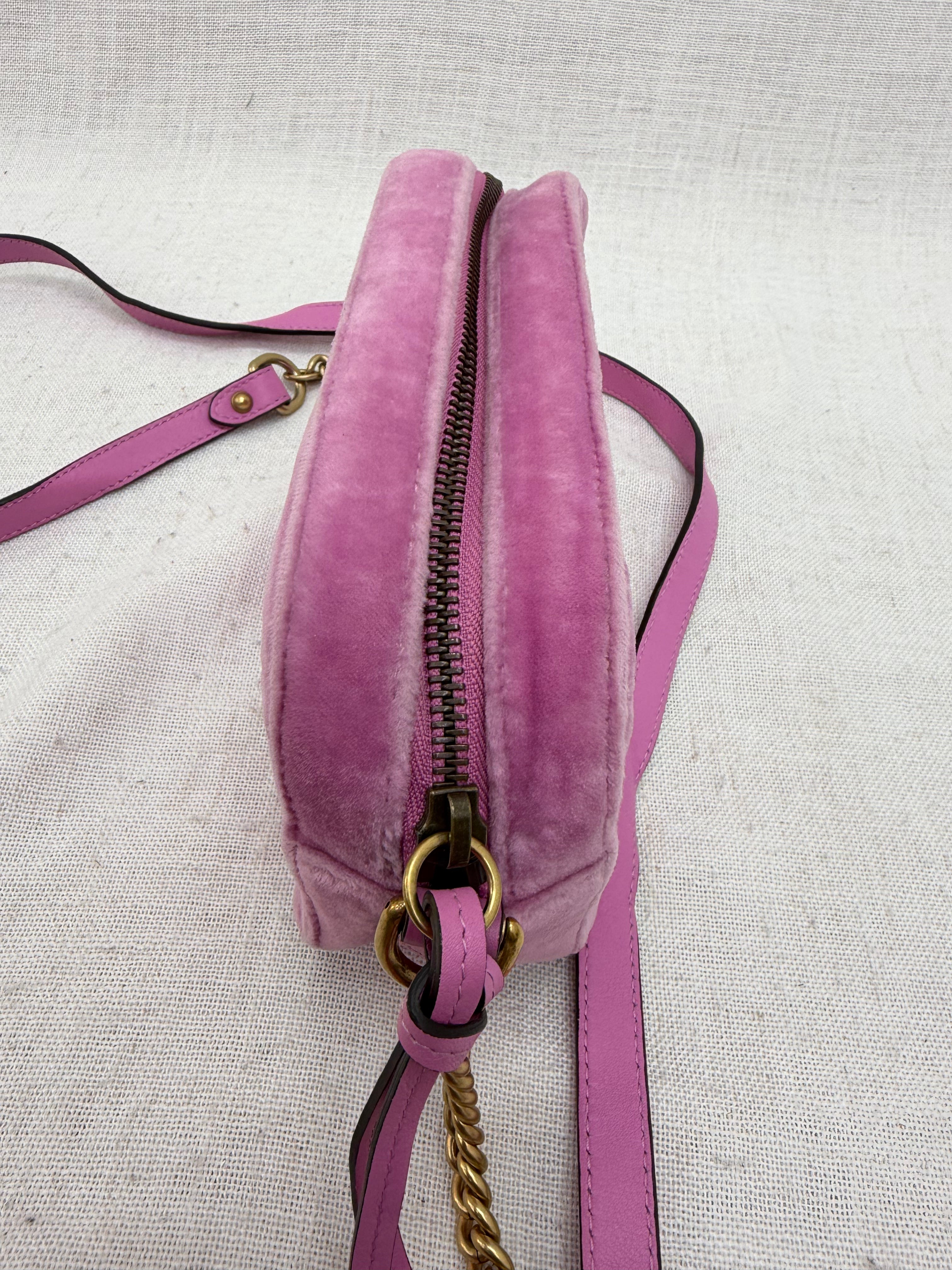 Gucci Pink Velvet GG Crystal Mini Marmont Camera Bag