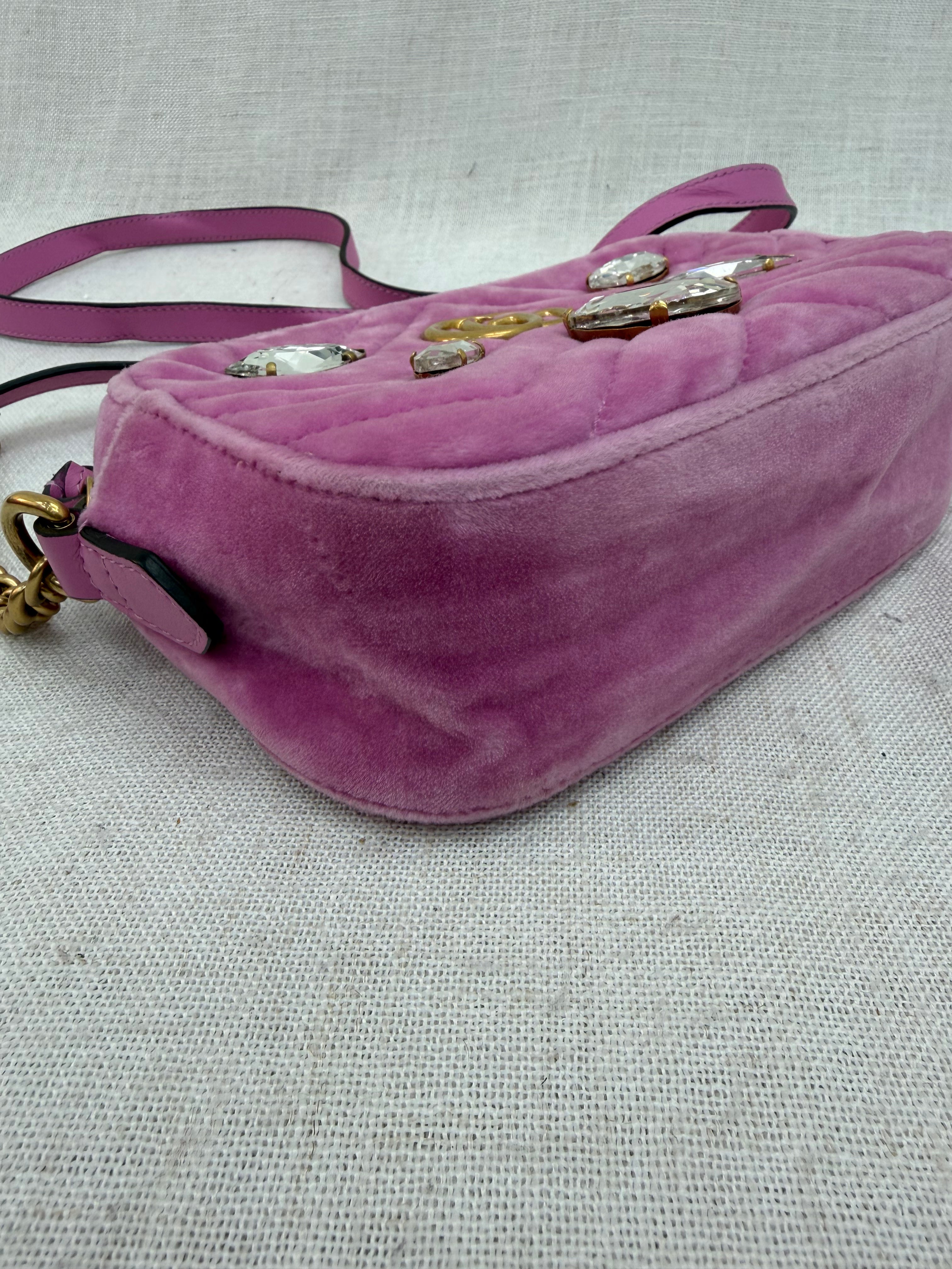 Gucci Pink Velvet GG Crystal Mini Marmont Camera Bag