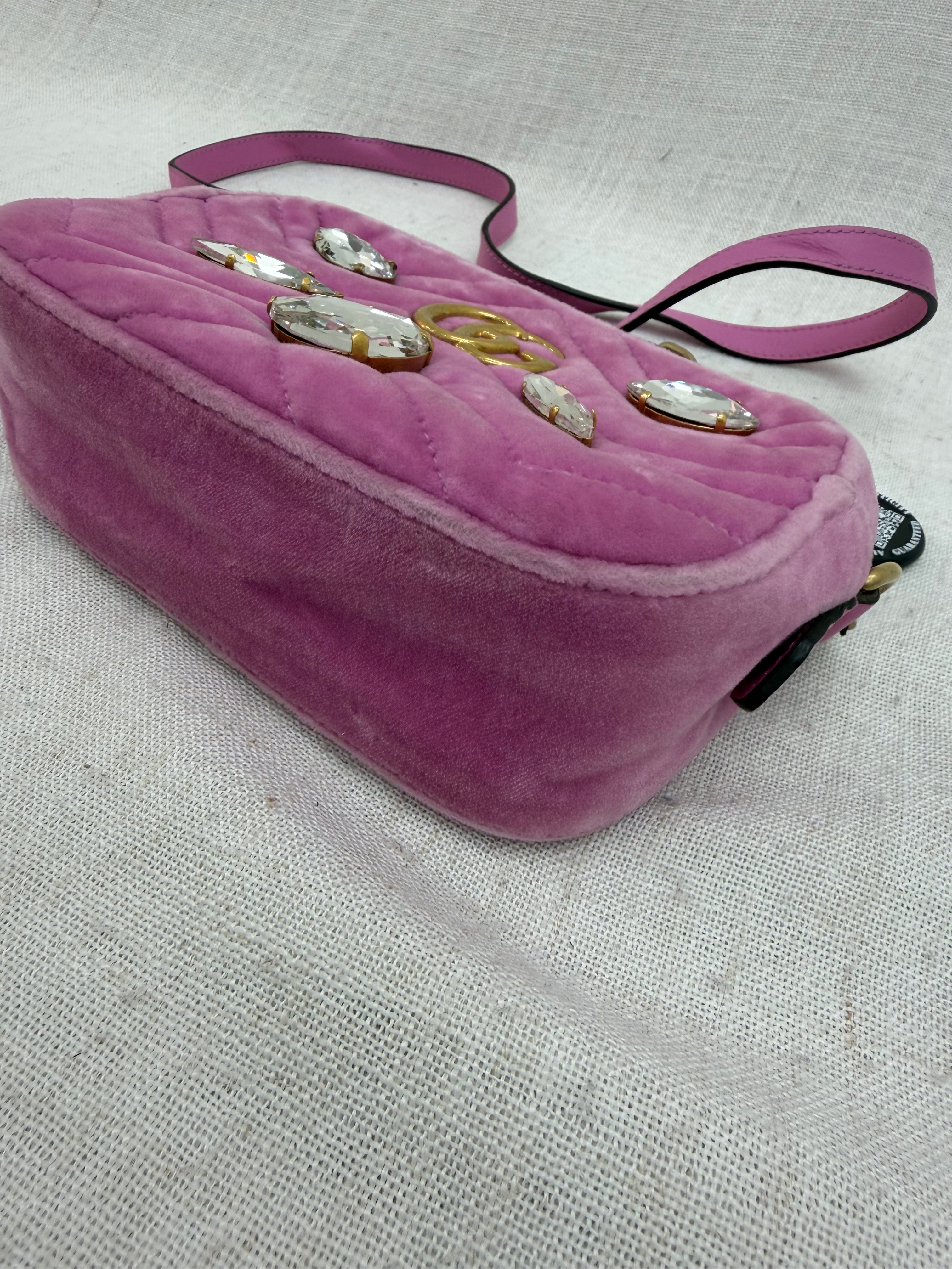 Gucci Pink Velvet GG Crystal Mini Marmont Camera Bag