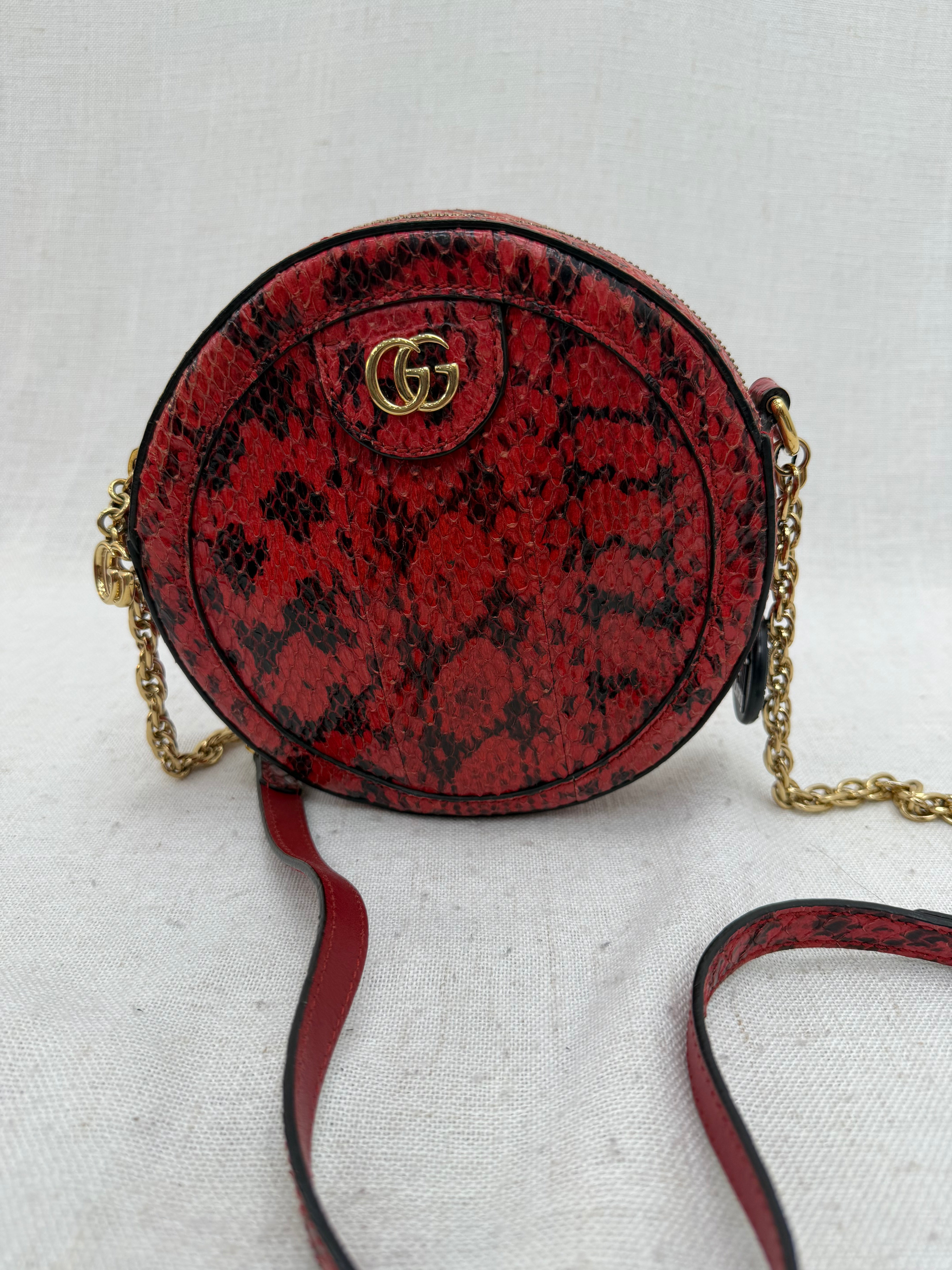 Gucci Red Snakeskin MIni Round Marmont Chain Crossbody