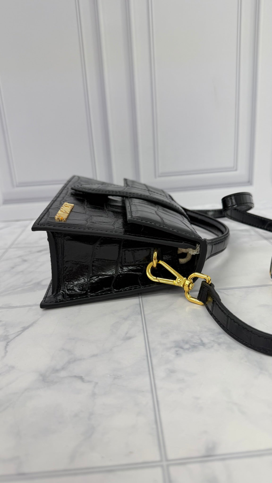 BRAND NEW - Jacquemus Black Croc Embossed Leather Le Grand Bambino 2Way Handbag