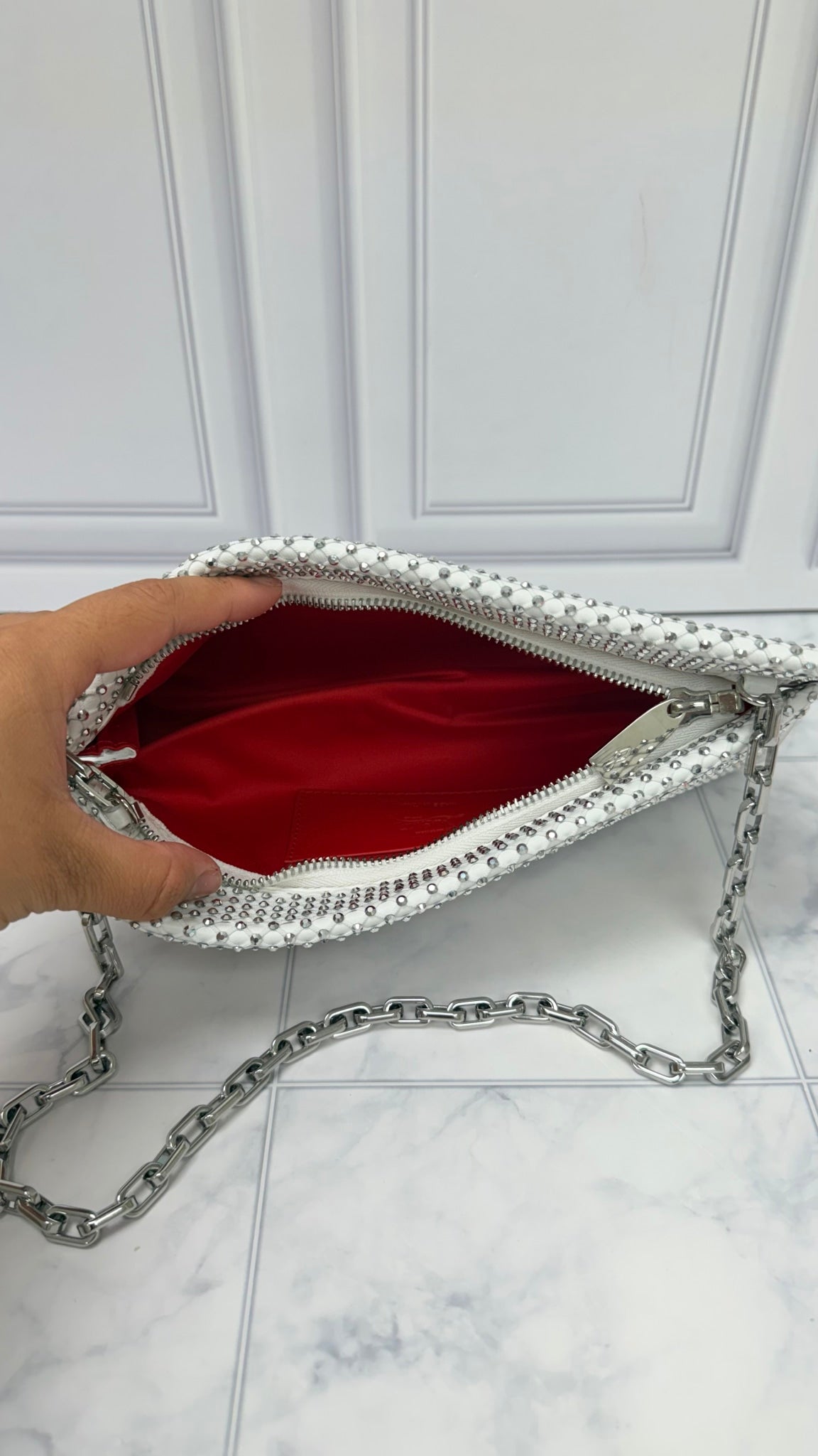 BRAND NEW - Christian Louboutin White Crystal Leather Loubitwist Small Clutch Shoulder Bag
