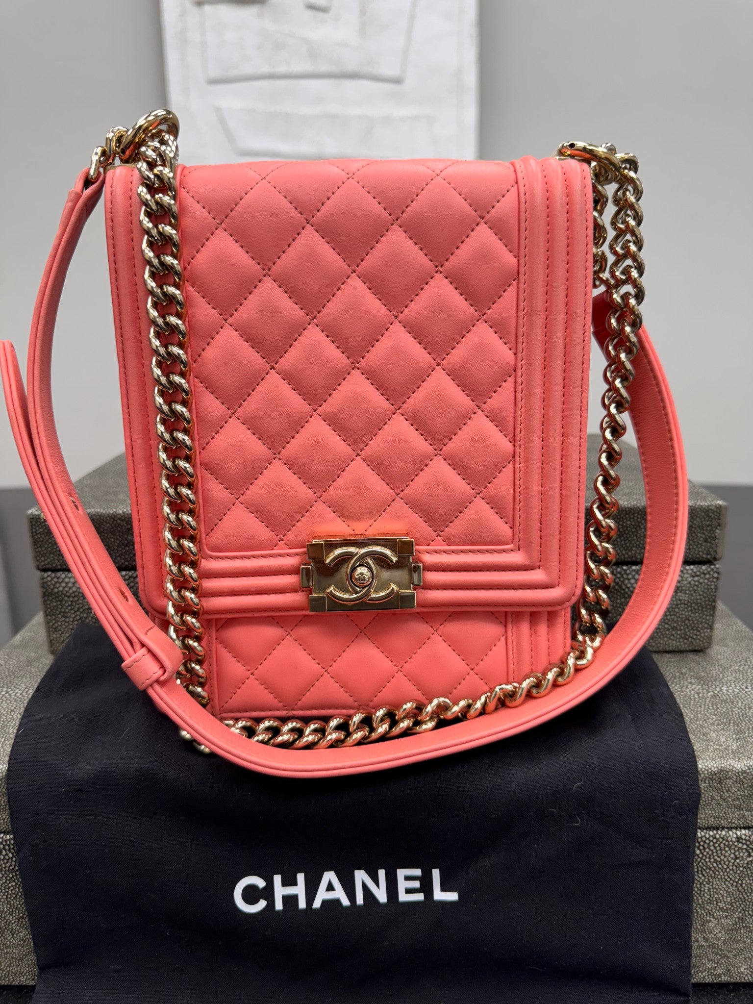 Chanel Coral Quilted Leather North South Boy Flap Bag