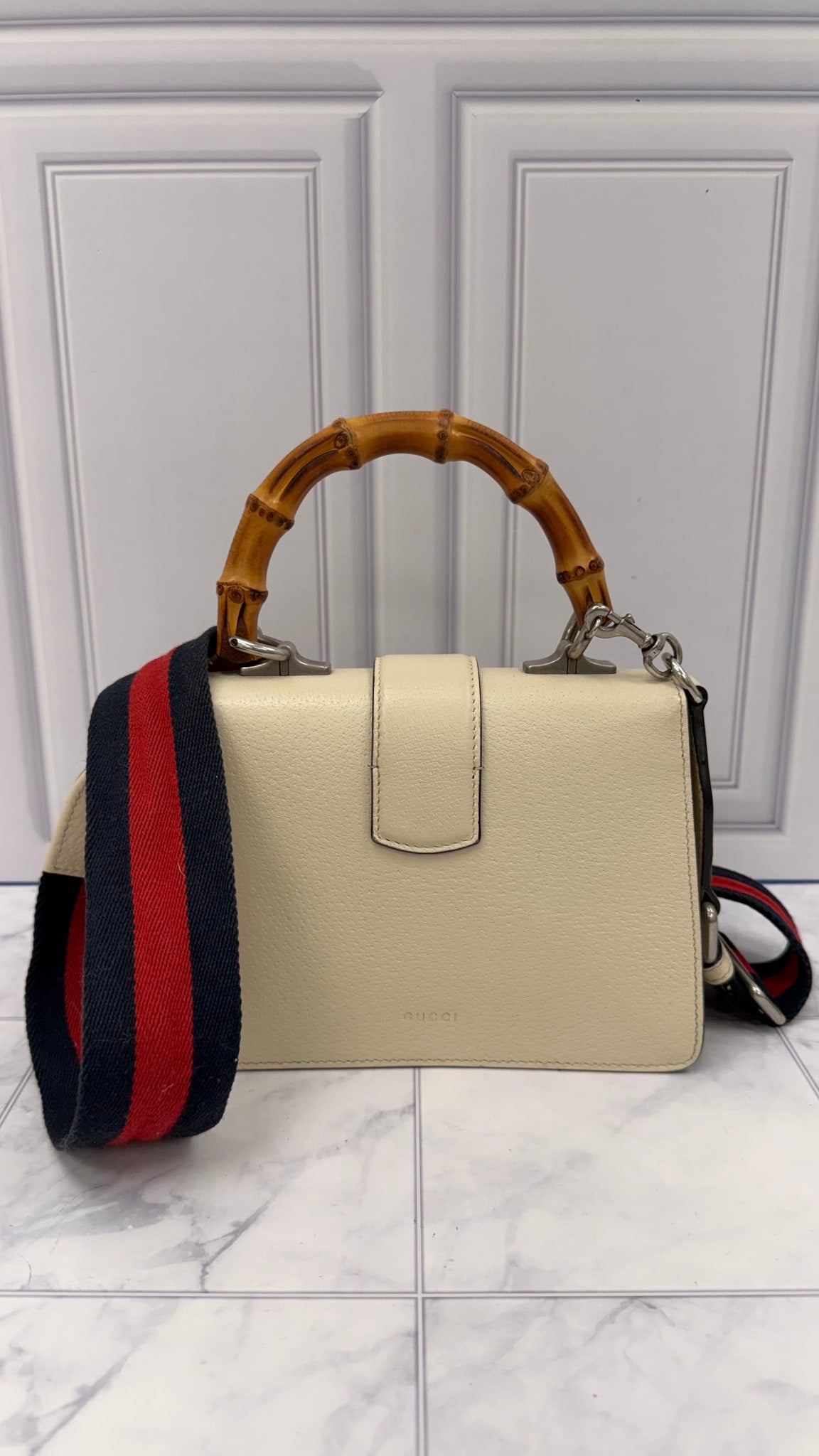Gucci Ivory Grained Calfskin Leather Mini Dionysus Bamboo Top Handle Bag