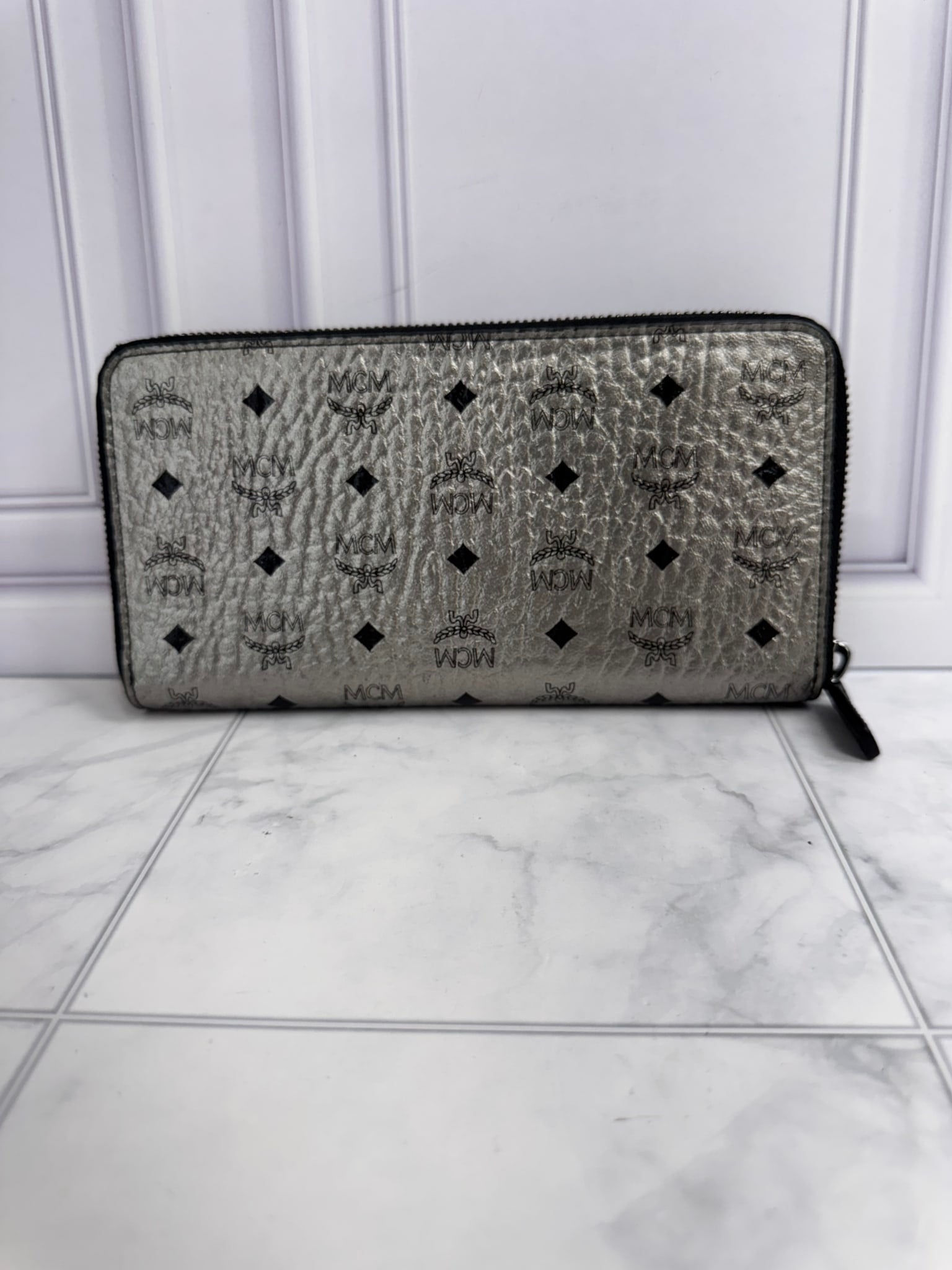 MCM Metallic Silver Visetos Leather Studded Zippy Wallet