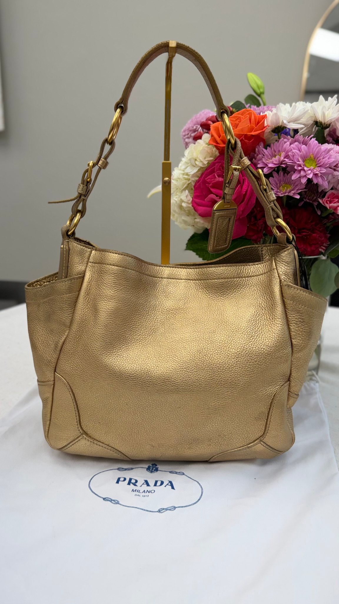 Prada Gold Leather Vitello Daino Leather Hobo Bag