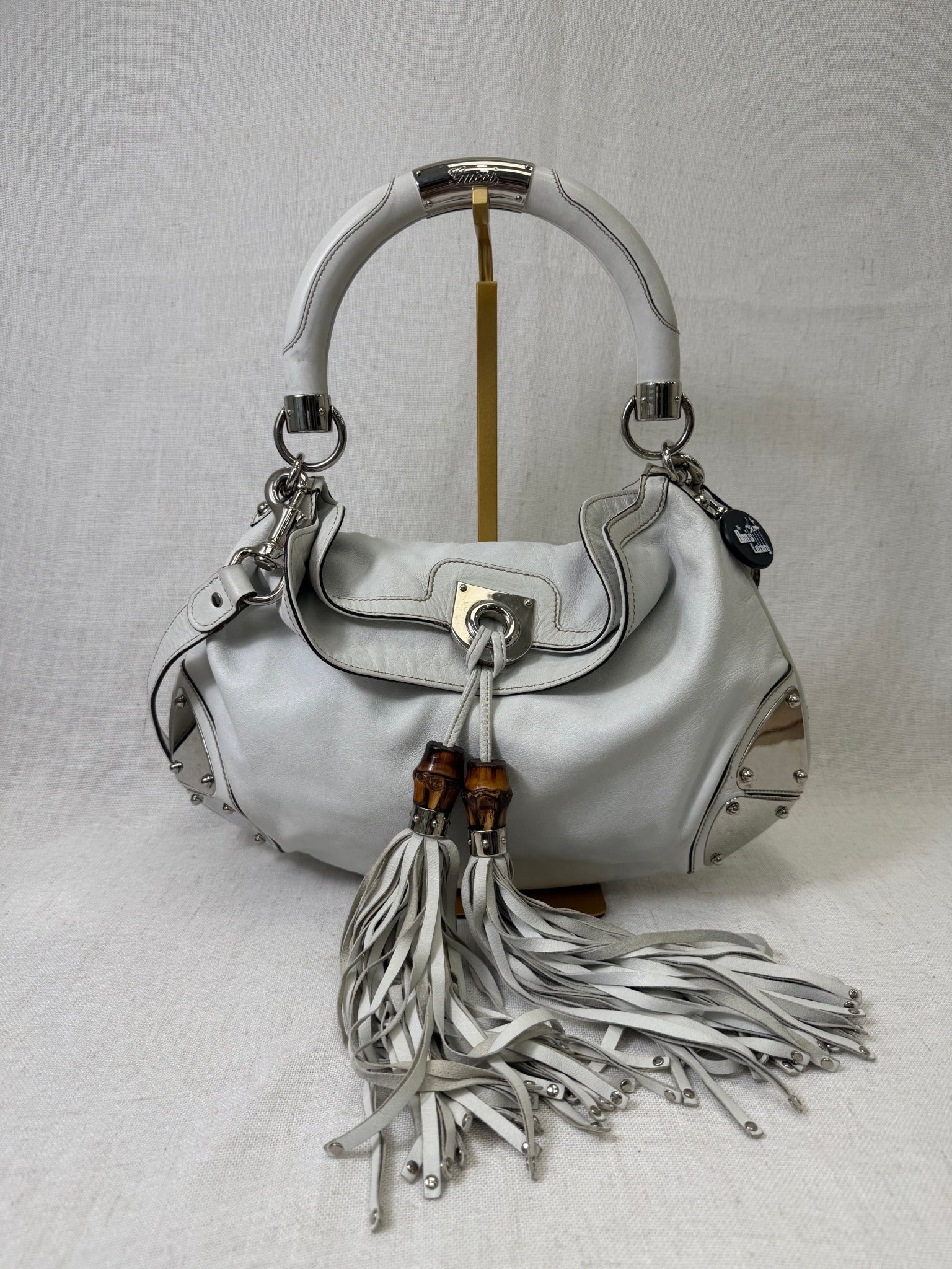 Gucci Bamboo Indy White Leather Hobo Handbag