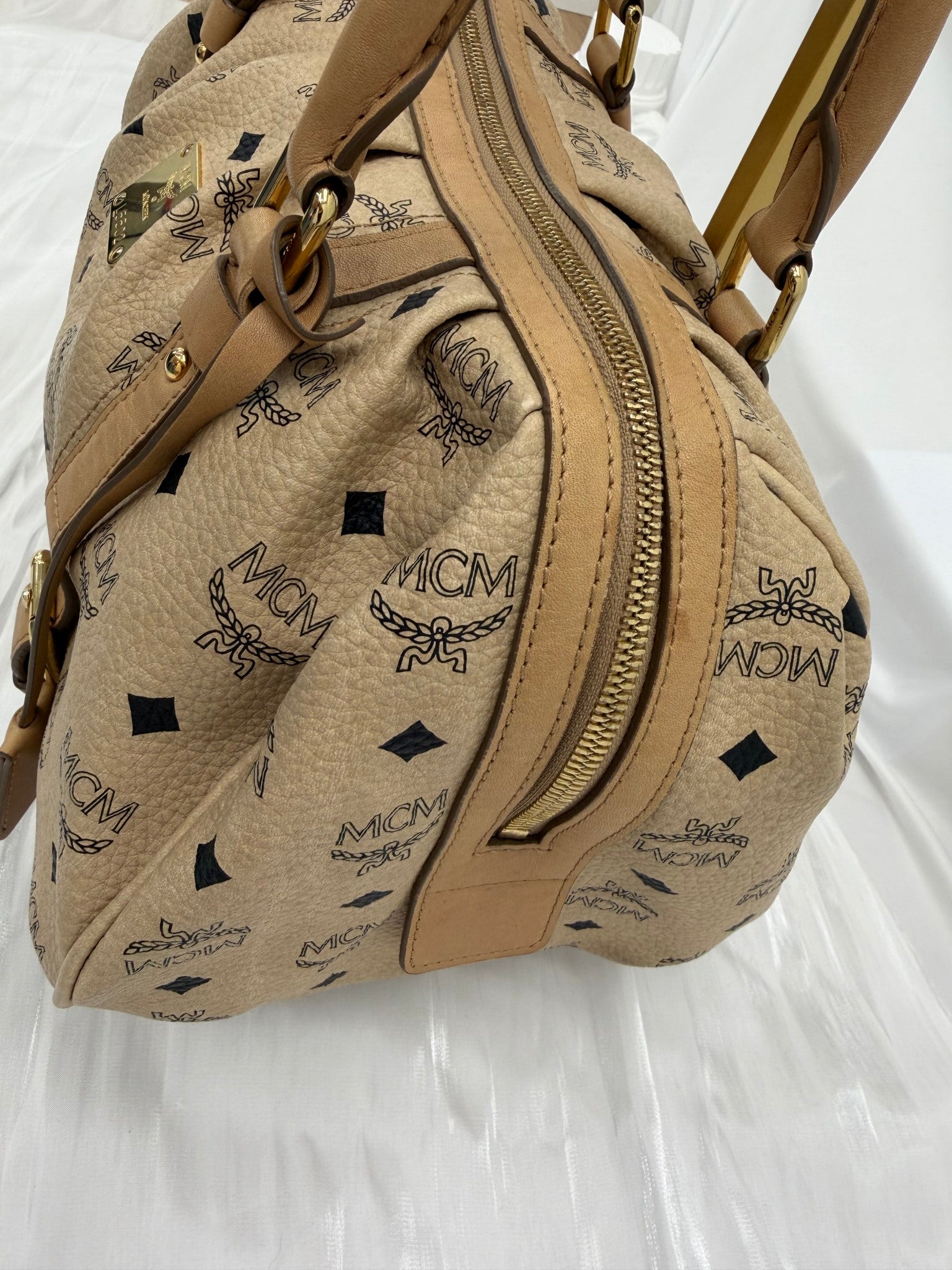 Mcm Cream Visetos Leather Boston Bag