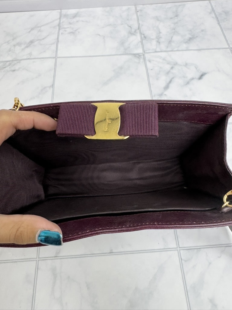 Salvatore Ferragamo Dark Purple Saffiano Leather Vara Bow Mini Chain Shoulder Bag