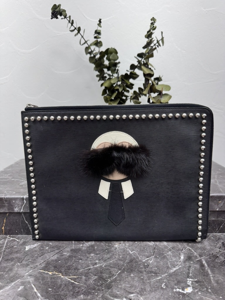 Fendi Black Leather Studded Flat Karlito Clutch Bag