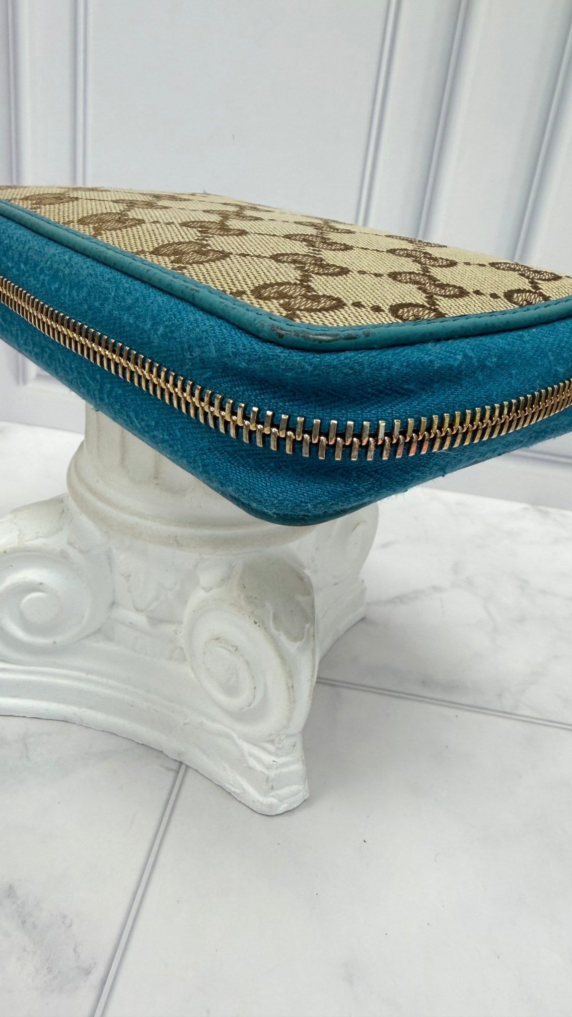 Gucci GG Canvas & Teal Leather Compact Zippy Wallet