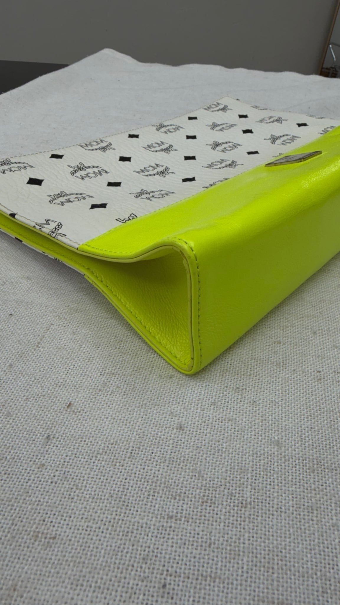 MCM White Visetos Coated Canvas & Neon Green Leather Clutch