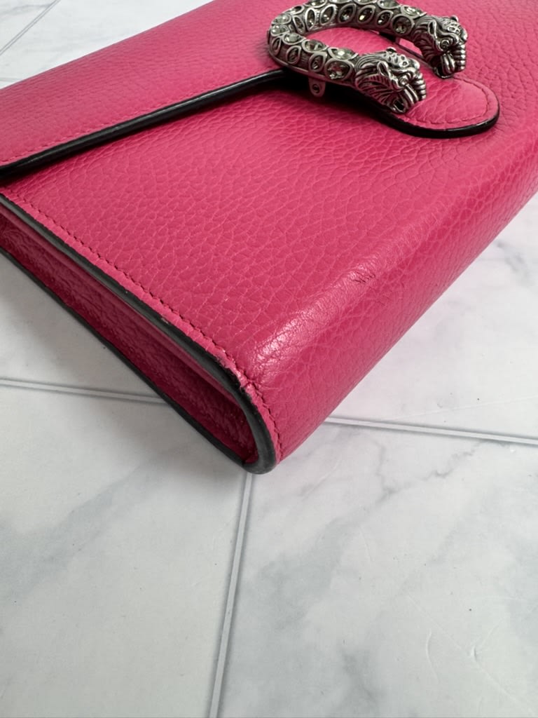 Gucci Hot Pink Grained Leather Dionysus Wallet On A Chain