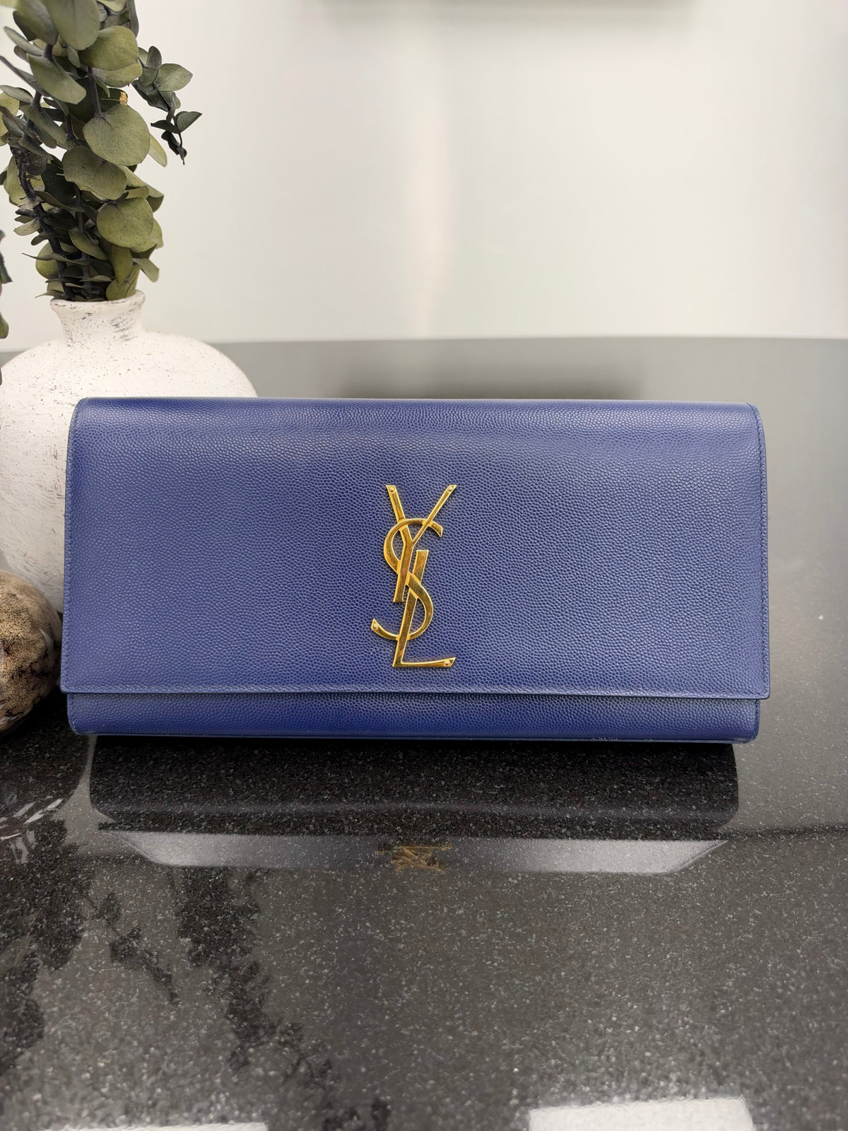 Saint Laurent YSL Blue Caviar Leather Clutch Bag