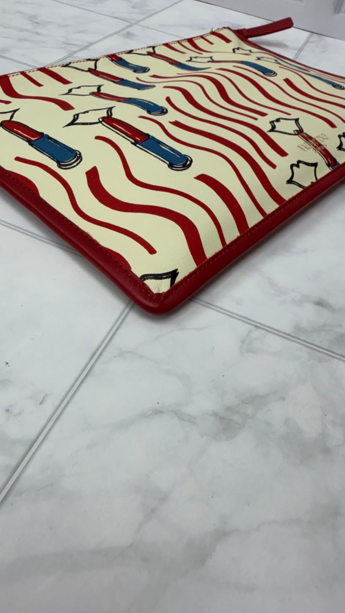 Valentino White Lipstick Printed Leather Pouch
