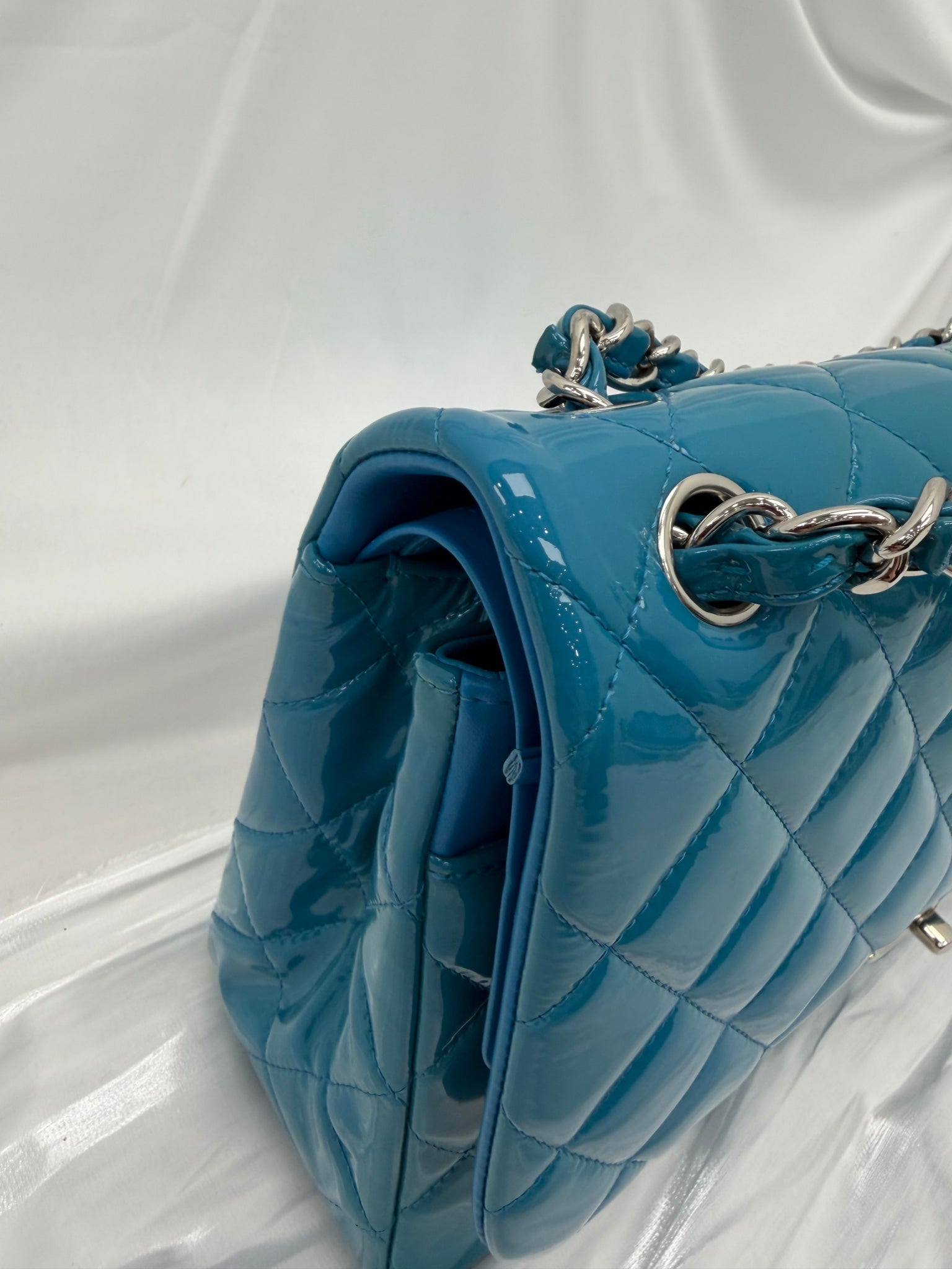 LIKE NEW- Chanel Turquoise Patent Leather Jumbo Double Flap Bag