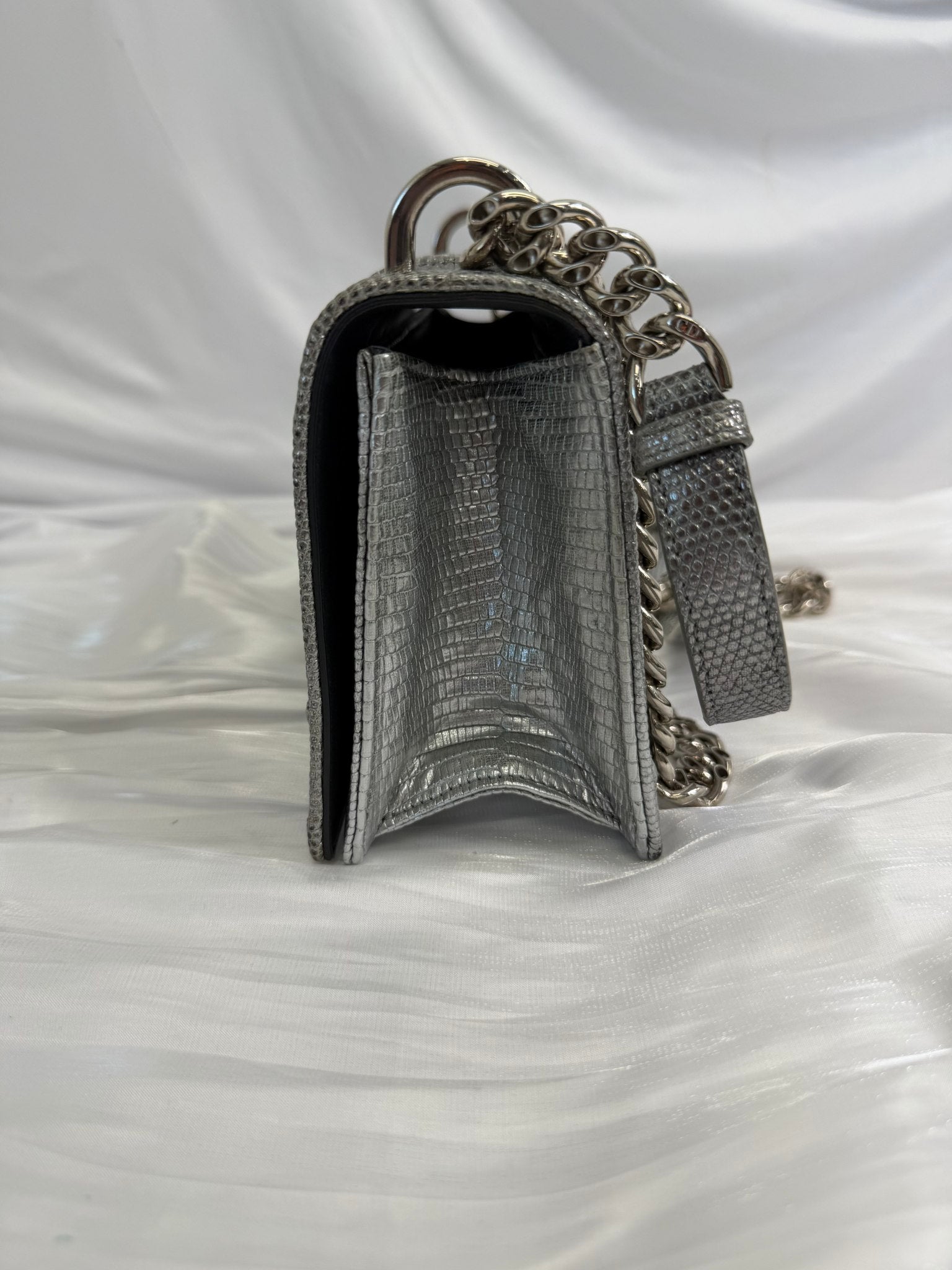 Christian Dior Metallic Silver Lizard Embossed Small Diorama Flap Bag