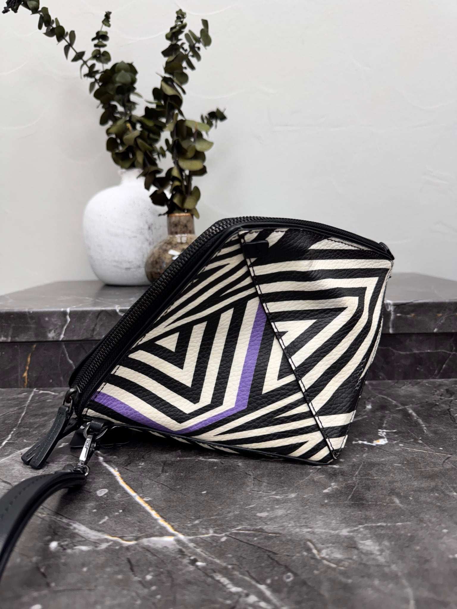 MCM Black, White, And Purple Coated Canvas Limited Edition Tobias Rehberger Clutch