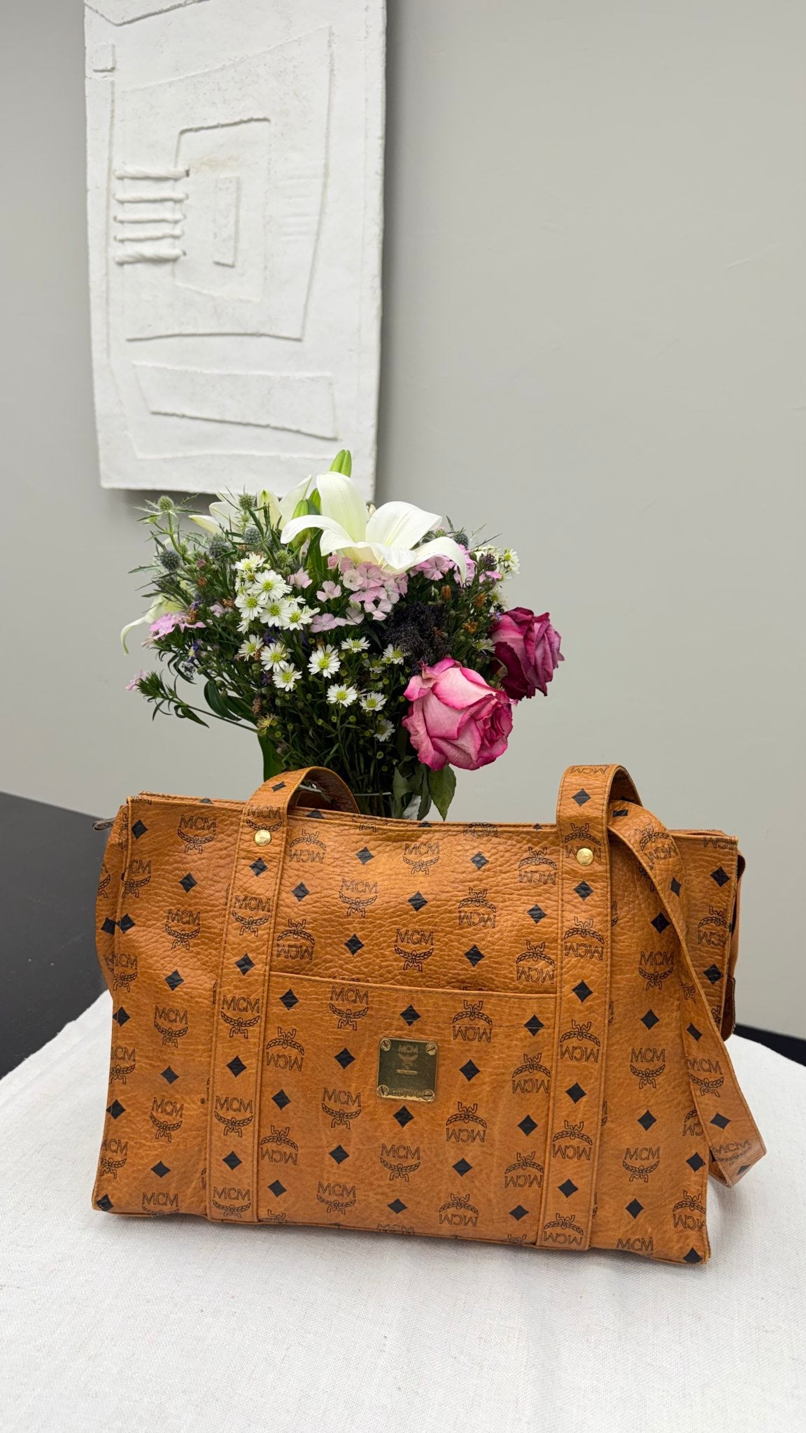 MCM Cognac Visetos Leather Tote Bag