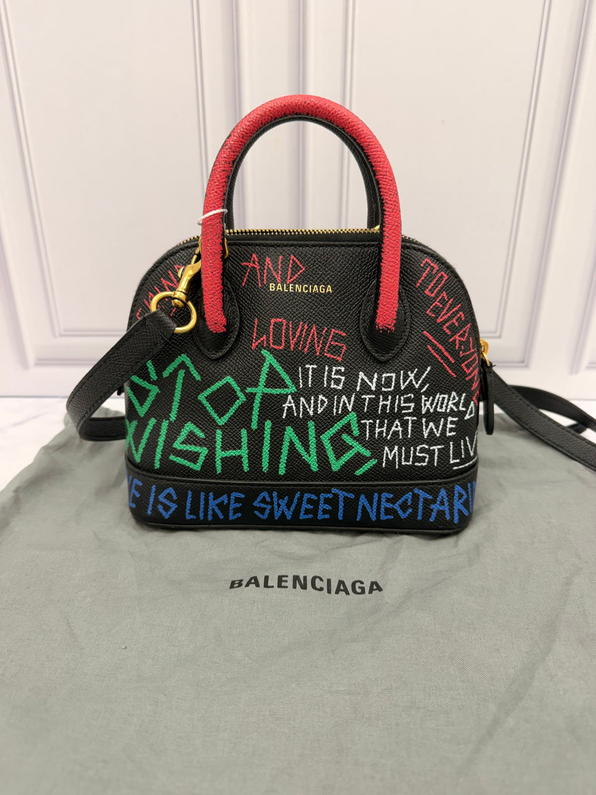 LIKE NEW - Balenciaga Black Leather Graffiti Ville XXS Top Handle Bag