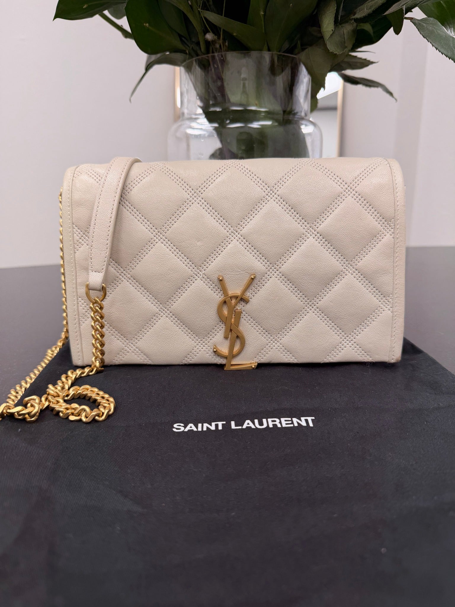 Saint Laurent YSL Beige Leather Quilted Chain Crossbody