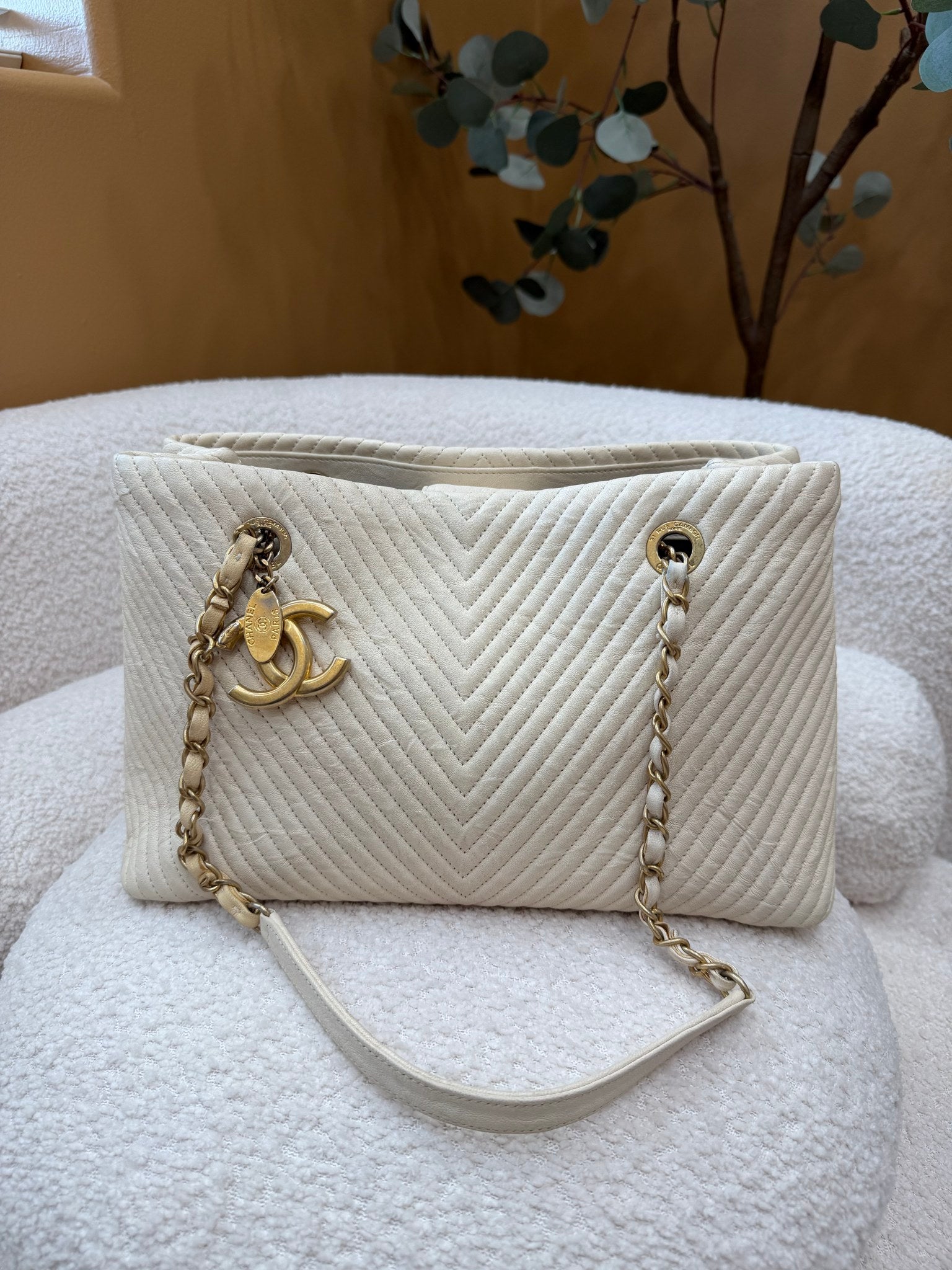 Chanel Cream Leather V Stitch Chain Tote Bag