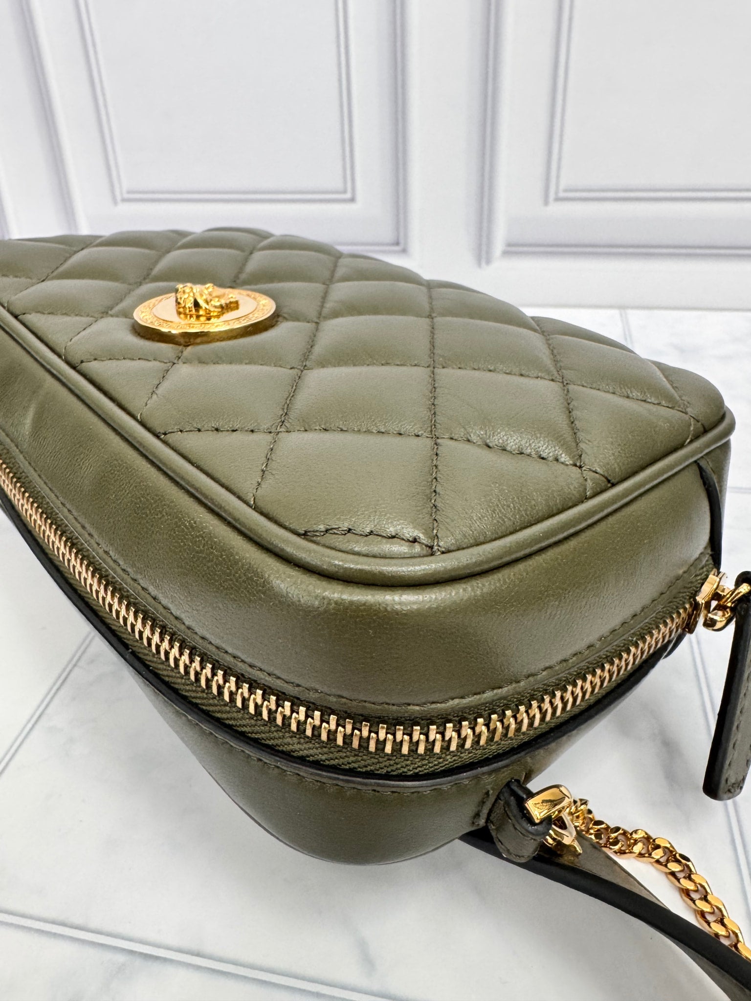 Versace Dark Green Quilted Leather Medusa Head Belt Bag