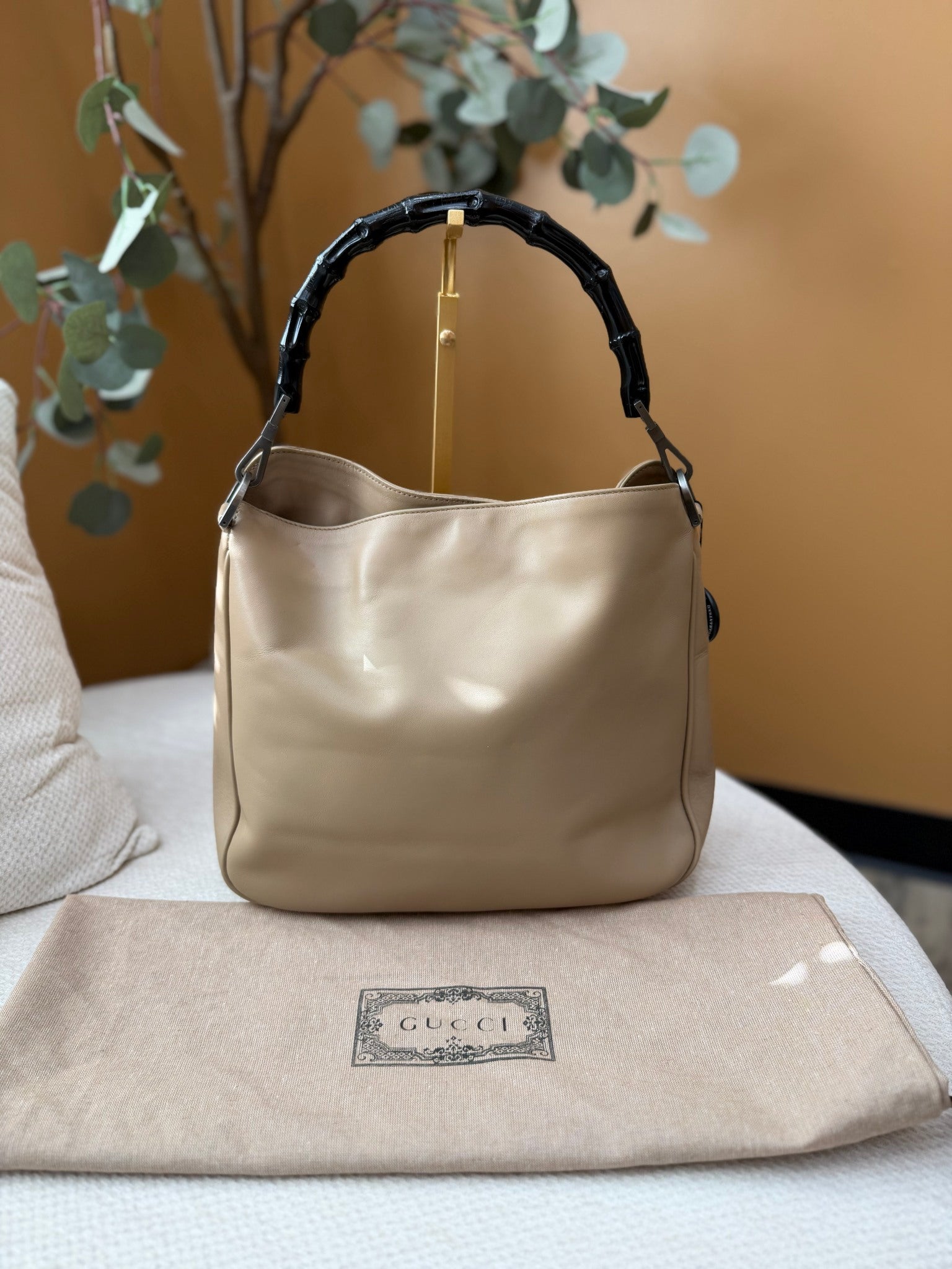 Gucci Taupe Leather Bamboo Top Handle Bag