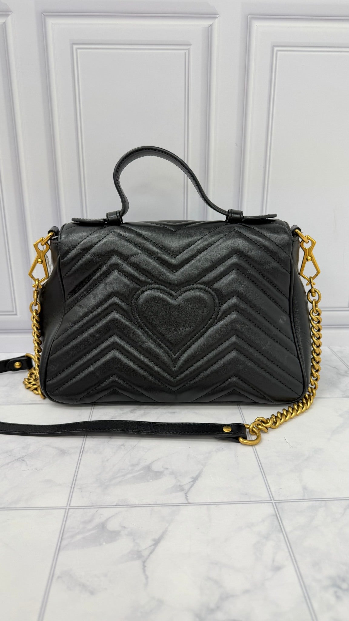Gucci Black Leather GG Marmont Top Handle 2Way Bag