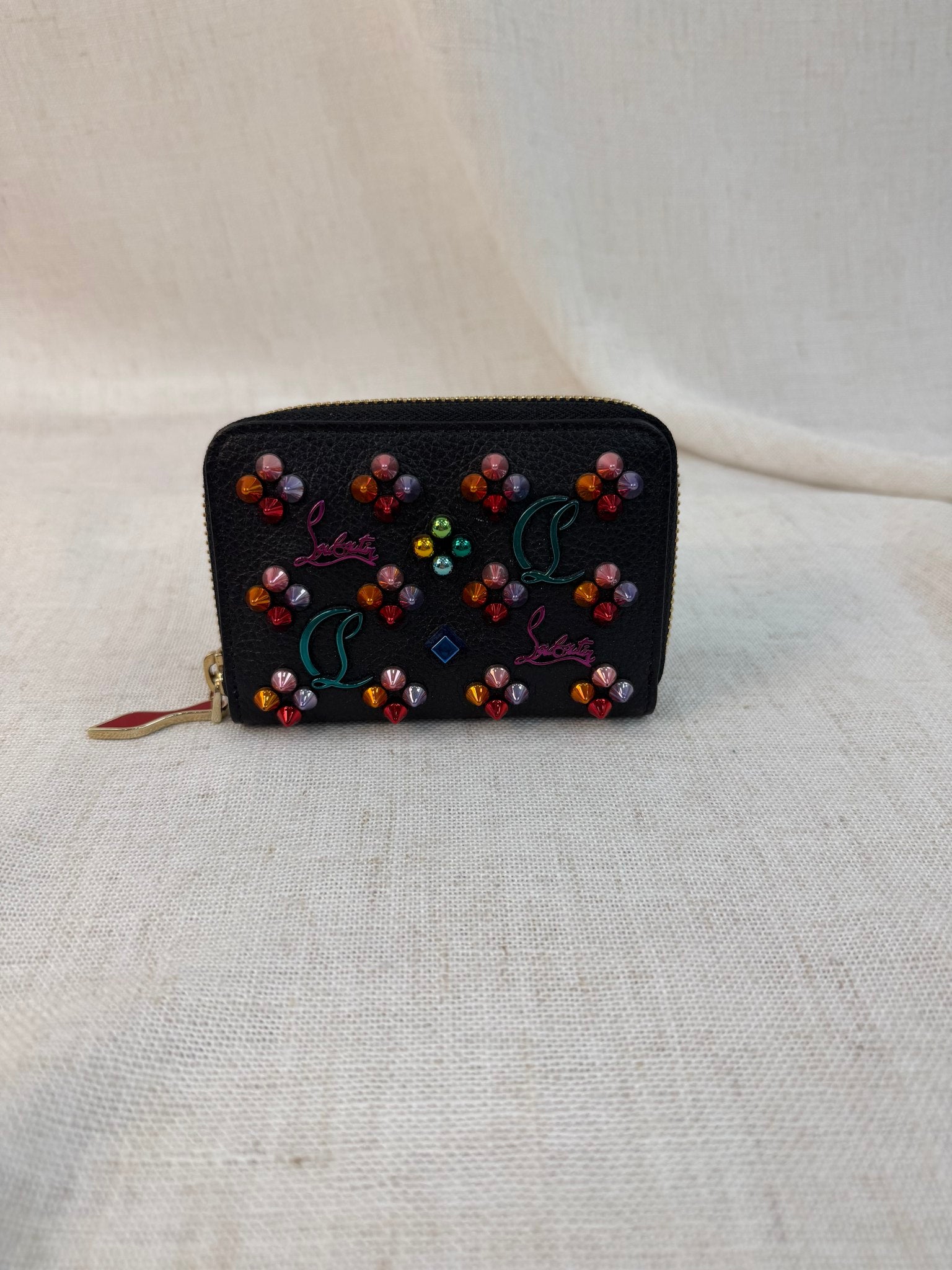 Christian Louboutin Black Leather Studded Compact Wallet