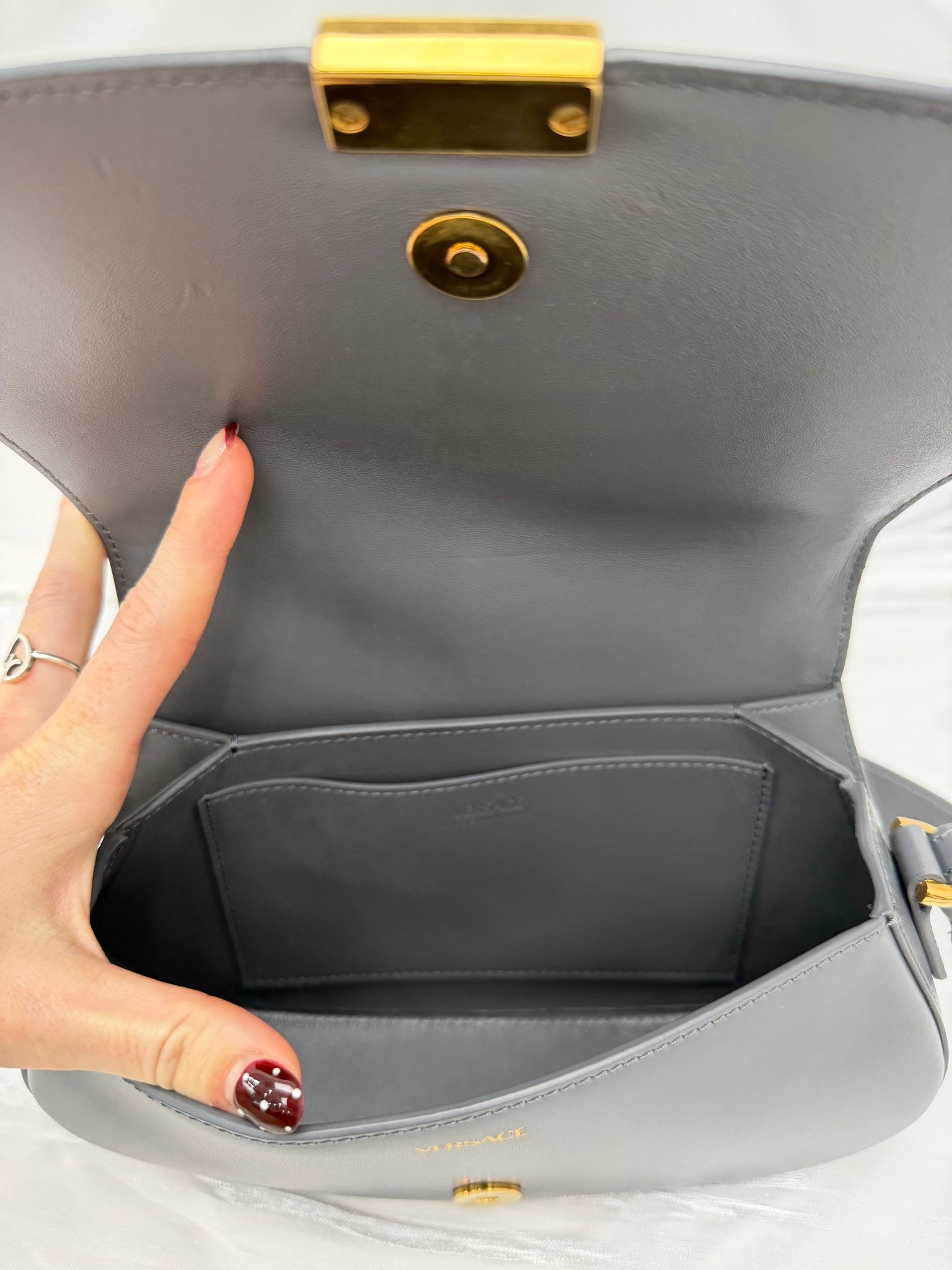 LIKE NEW- Versace Grey Calfskin Medium Greca Goddess Shoulder Bag