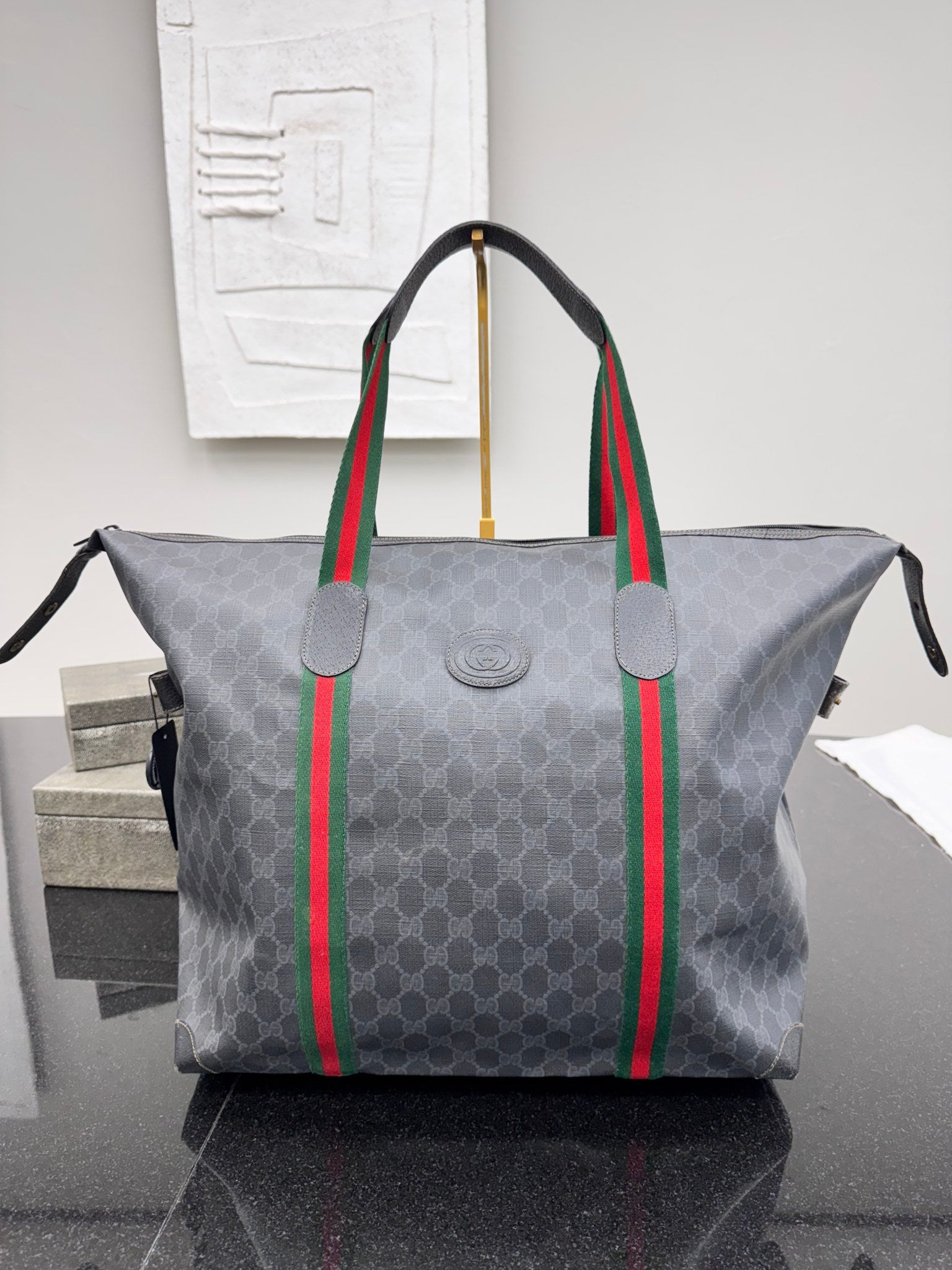 Gucci Black & Gray Sherry Monogram Web Travel Tote