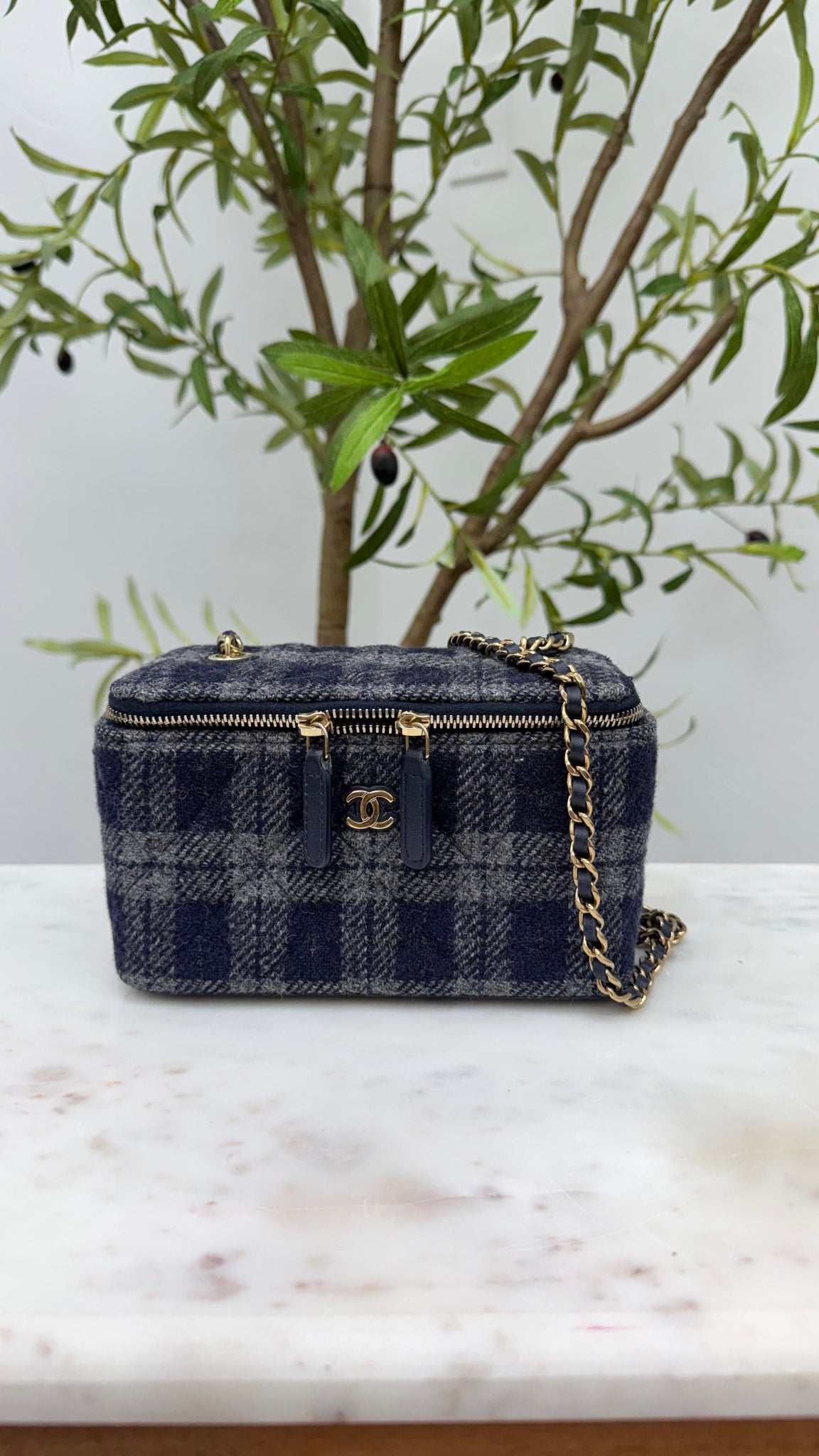 Chanel Blue Plaid Tweed Vanity Crossbody Bag