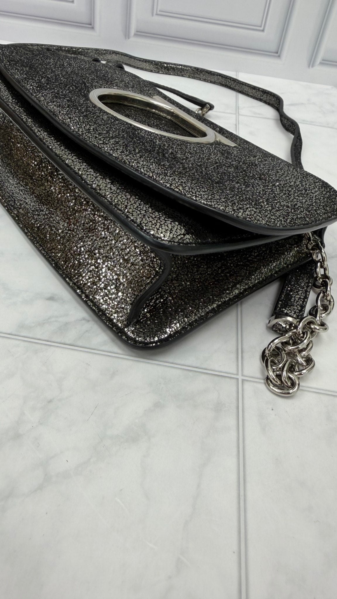 Salvatore Ferragamo Black Crinkled Metallic Leather Clutch Crossbody