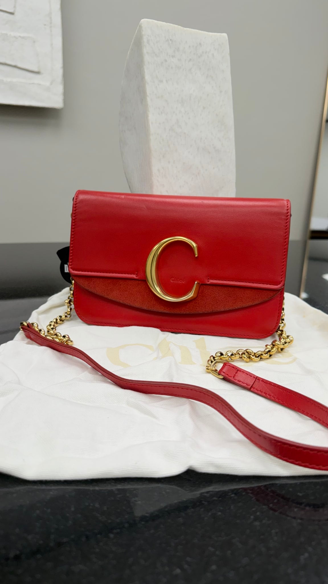Chloe Red Suede & Leather C Chain Crossbody