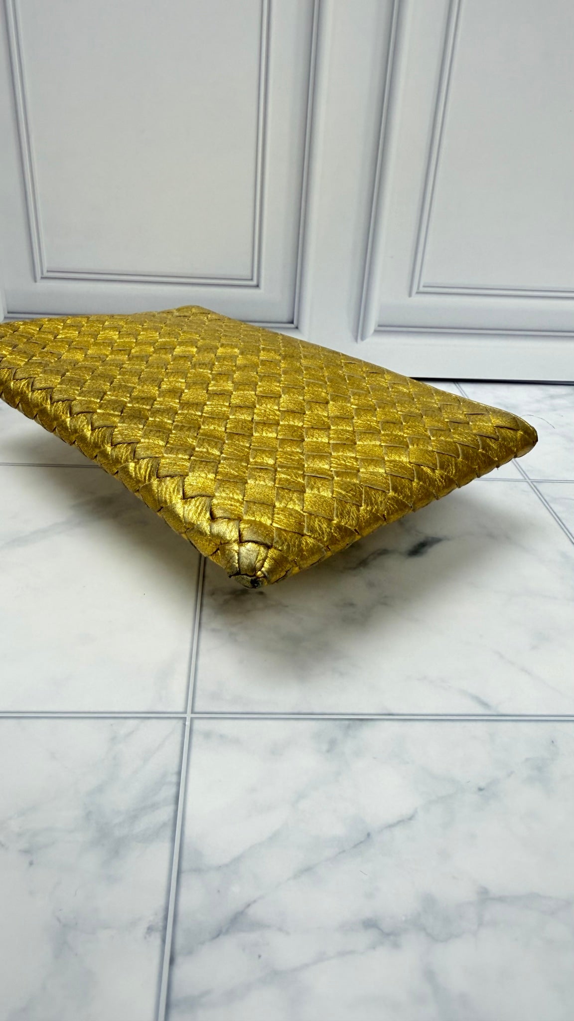 Bottega Veneta Gold Intrecciato Leather Clutch