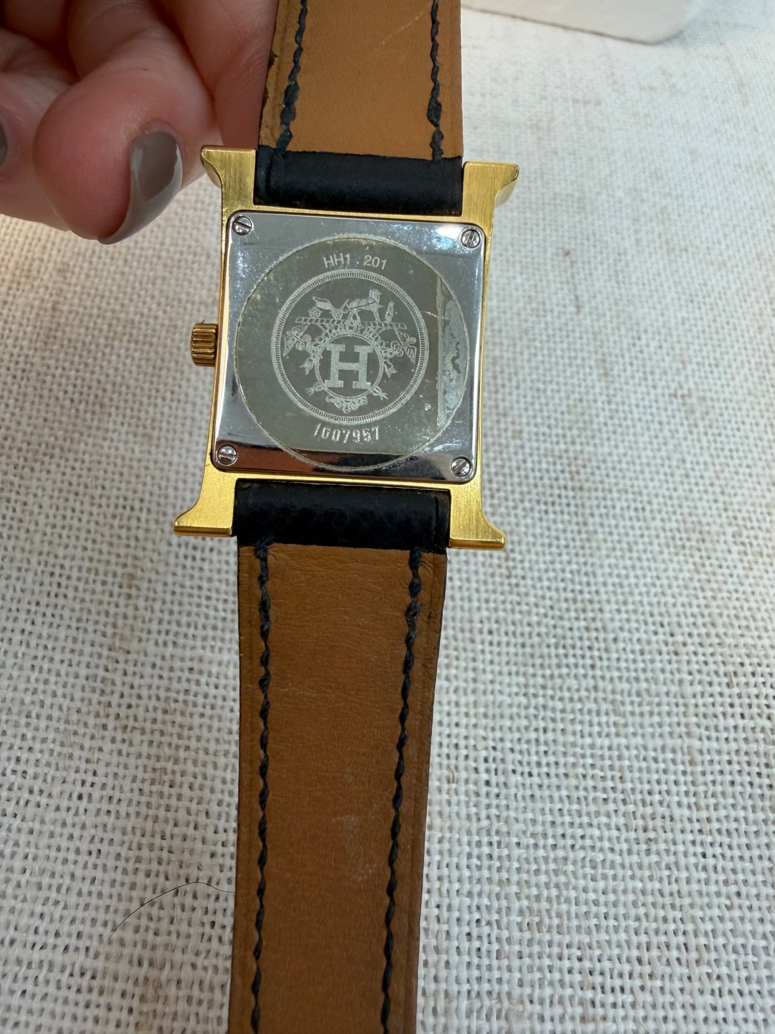 Hermes Gold And Black Leather Heure H Watch