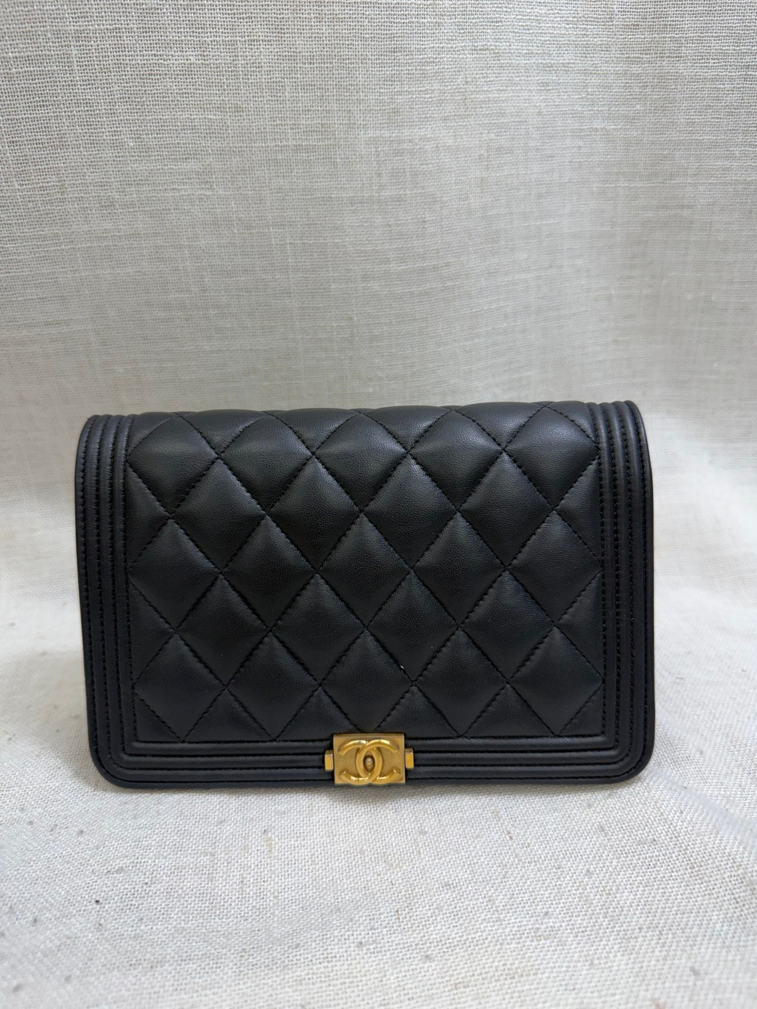 Chanel Black Lambskin Leather Boy Wallet On A Chain