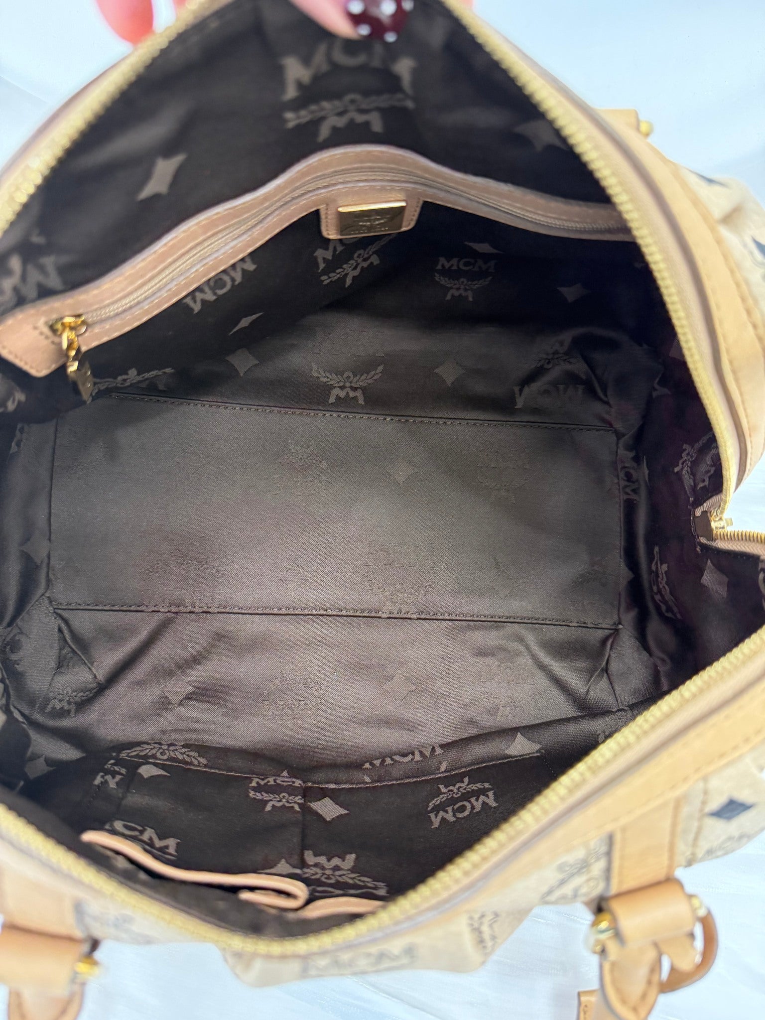 Mcm Cream Visetos Leather Boston Bag