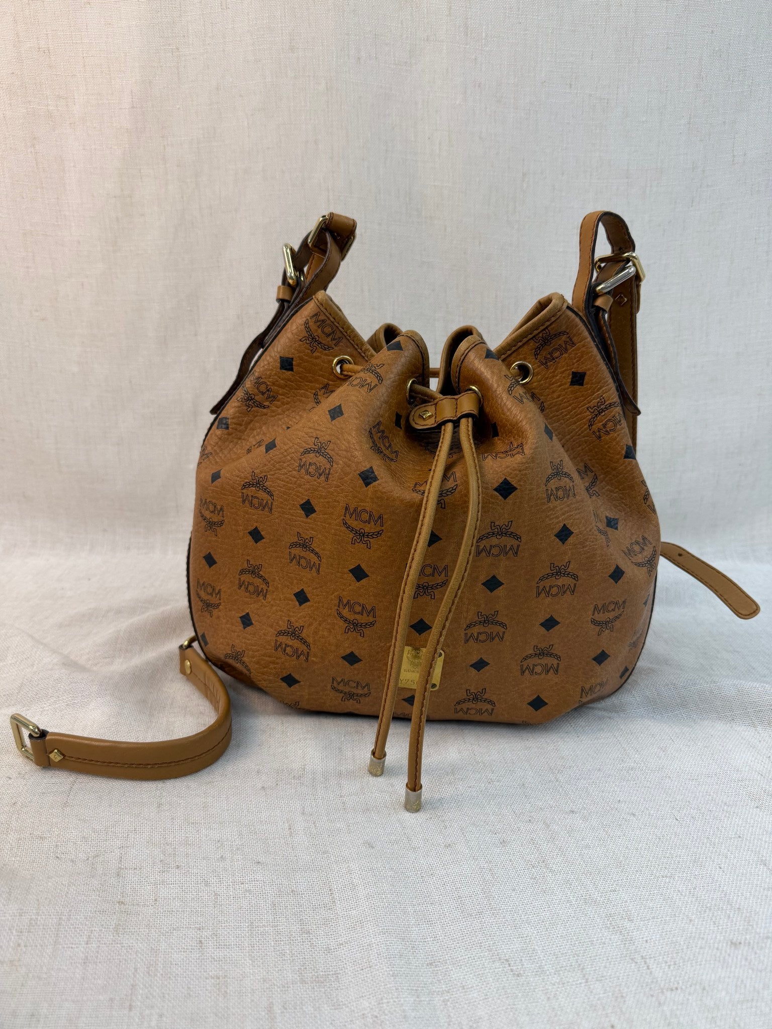 MCM Brown Coated Canvas Drawstring Bucket Bag