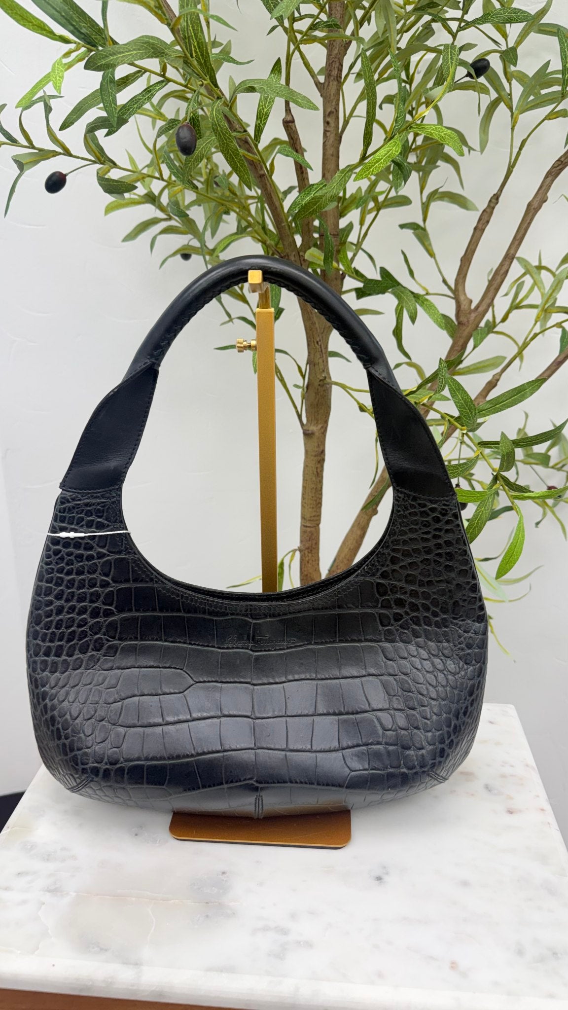 Salvatore Ferragamo Black Croc Embossed Shoulder Bag
