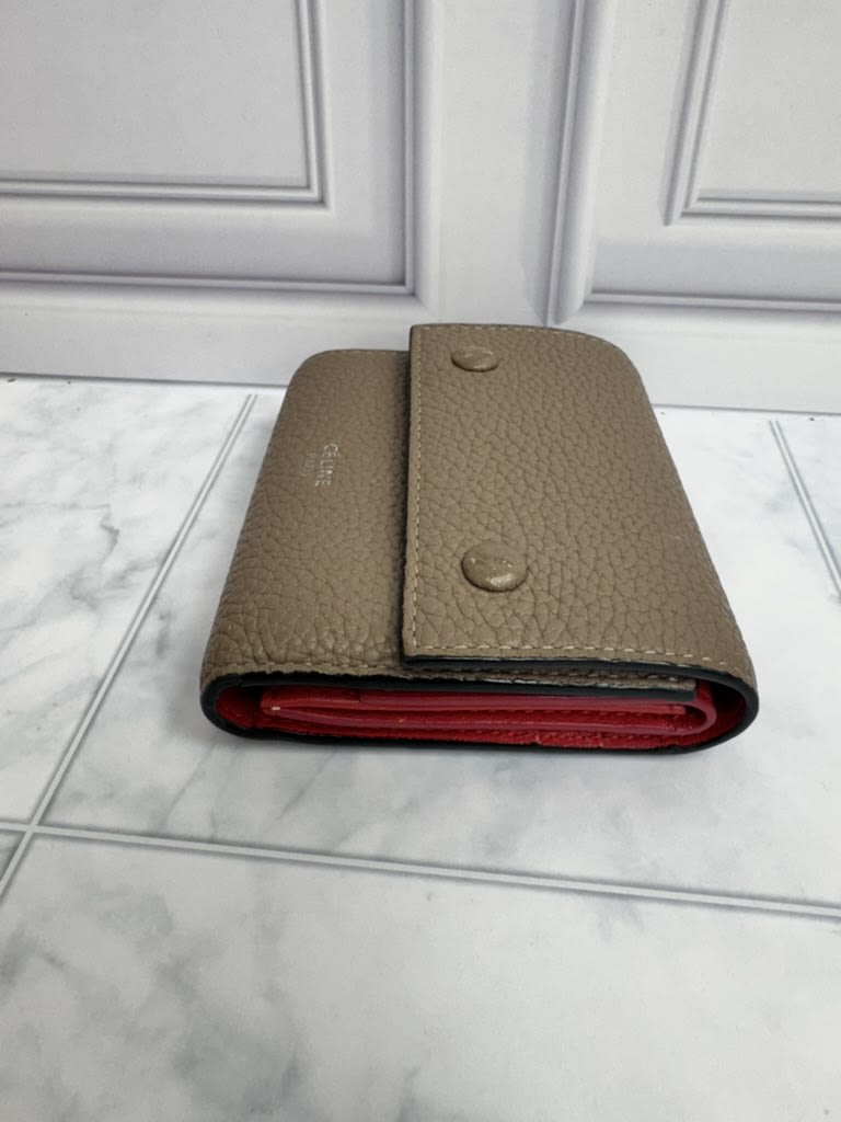 Celine Taupe And Red Pebbled Leather Compact Wallet